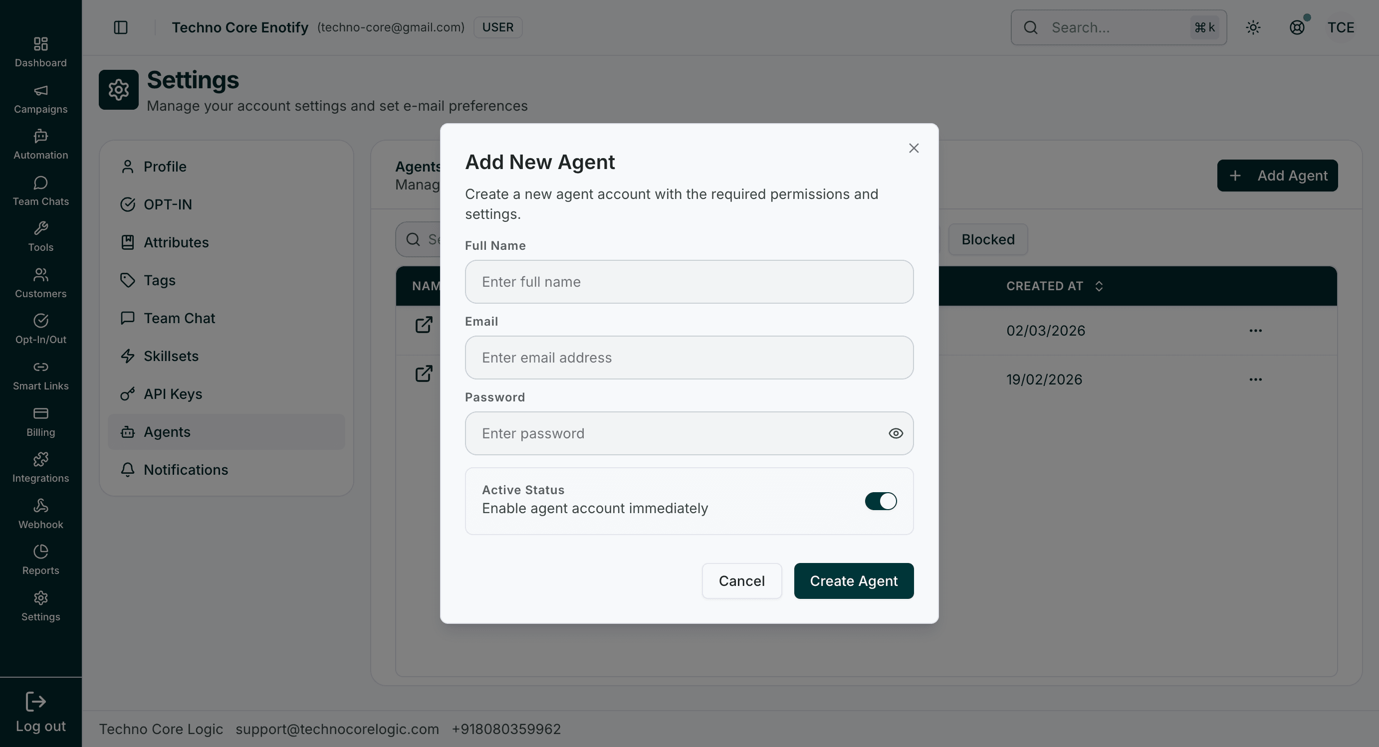 Add New Agent modal with full name, email, password, and active status toggle