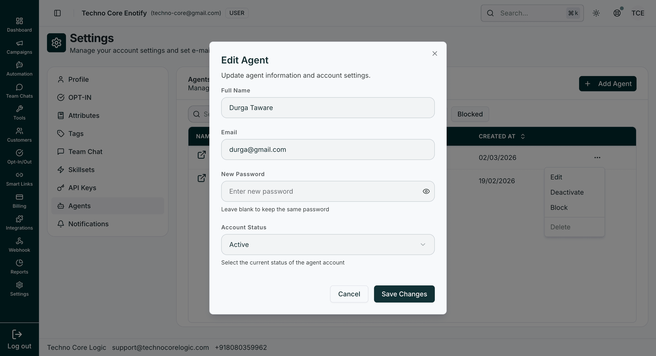 Edit Agent modal with account status selector and save action