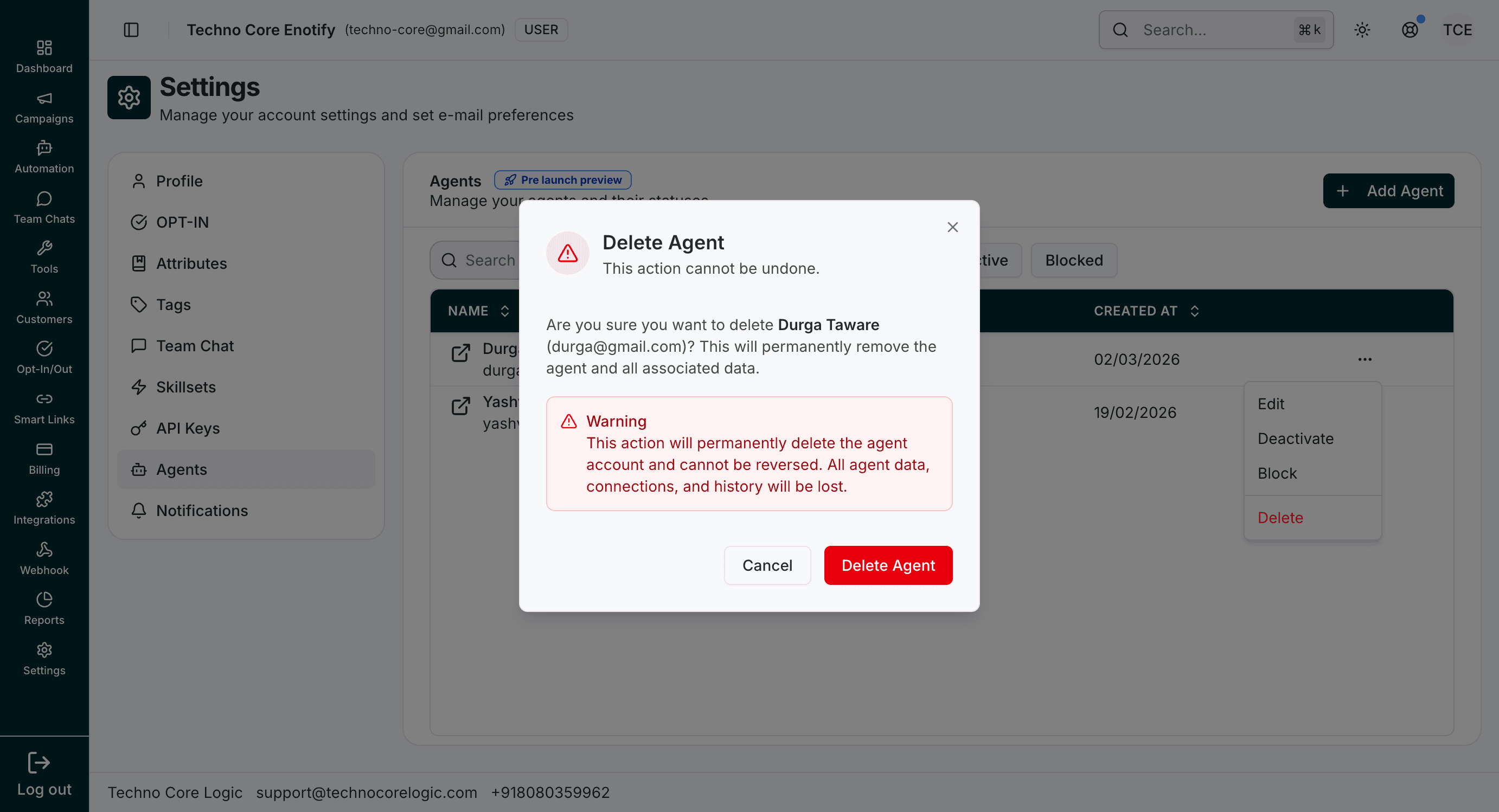 Delete Agent confirmation modal
