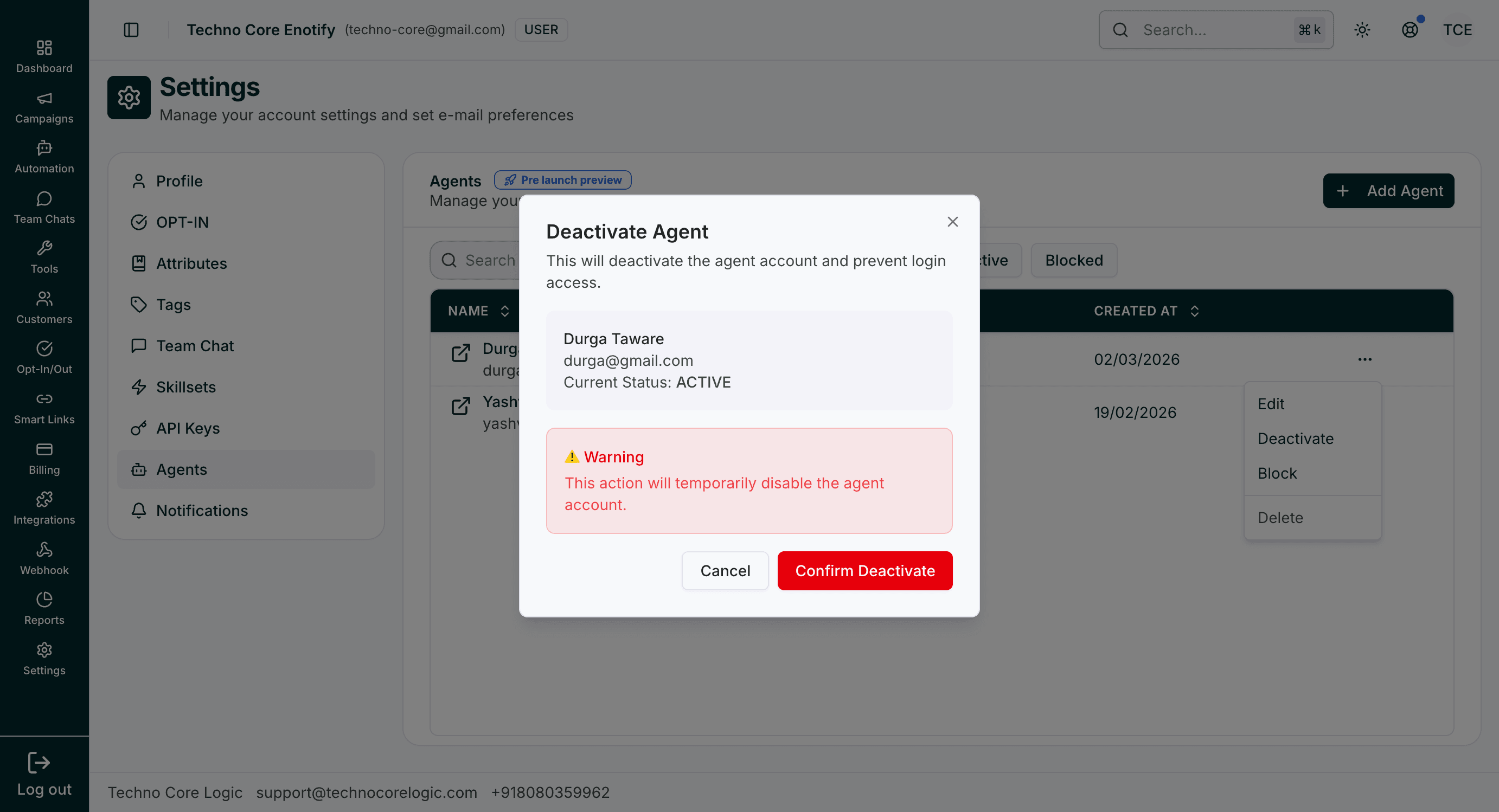 Deactivate Agent confirmation modal