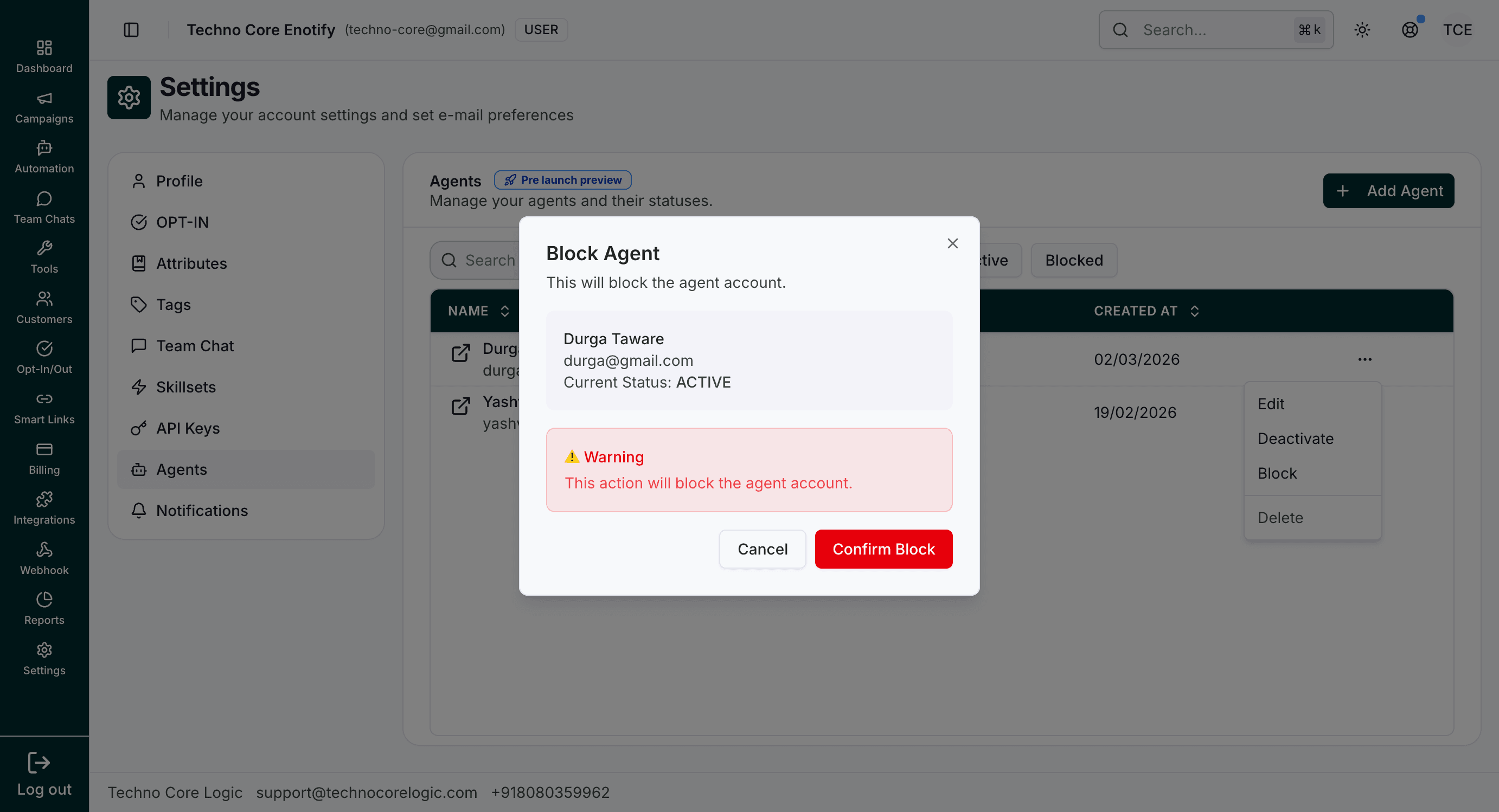 Block Agent confirmation modal