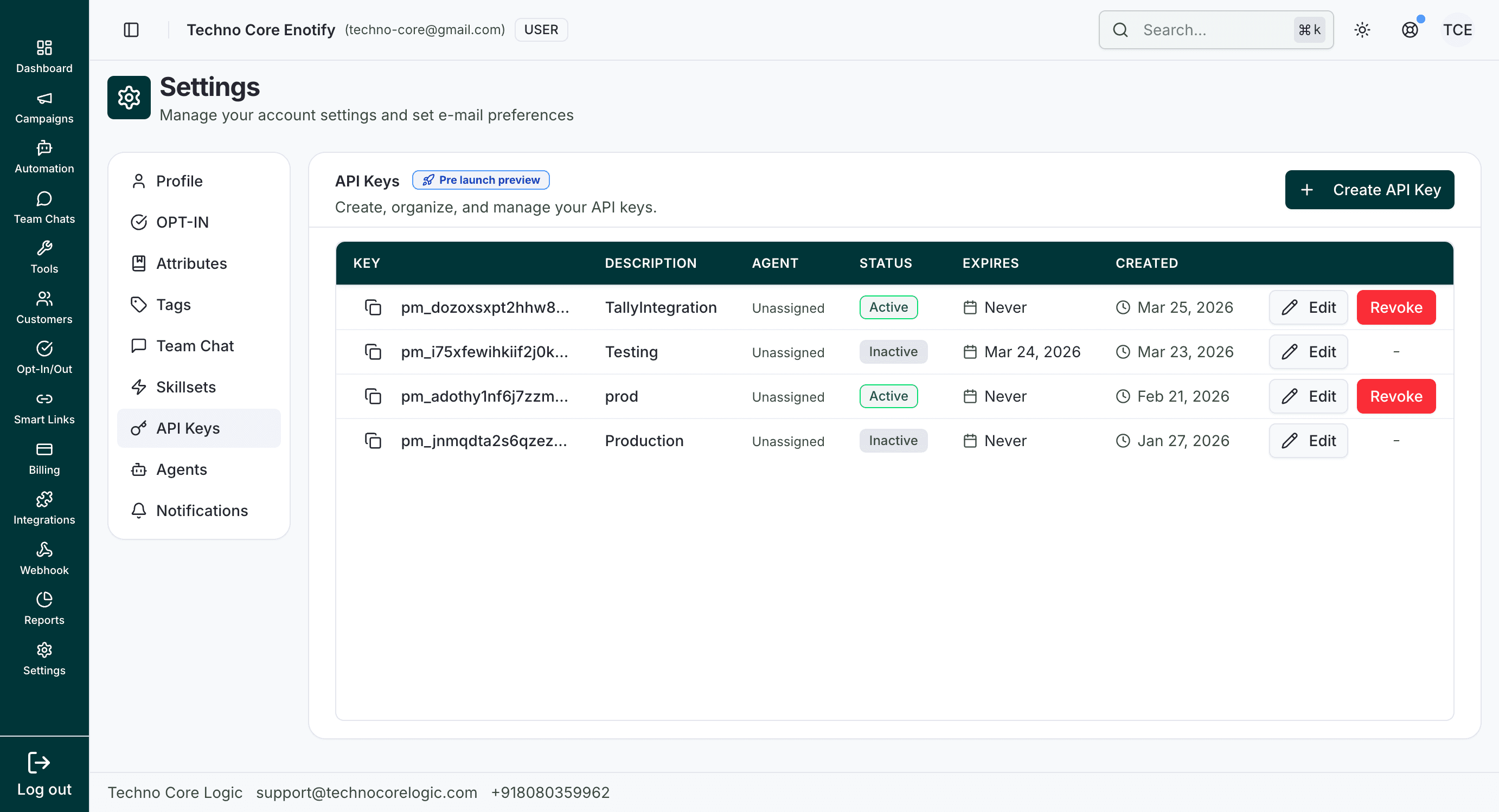 API Keys table with key, description, agent, status, expiry, created date, edit, and revoke actions