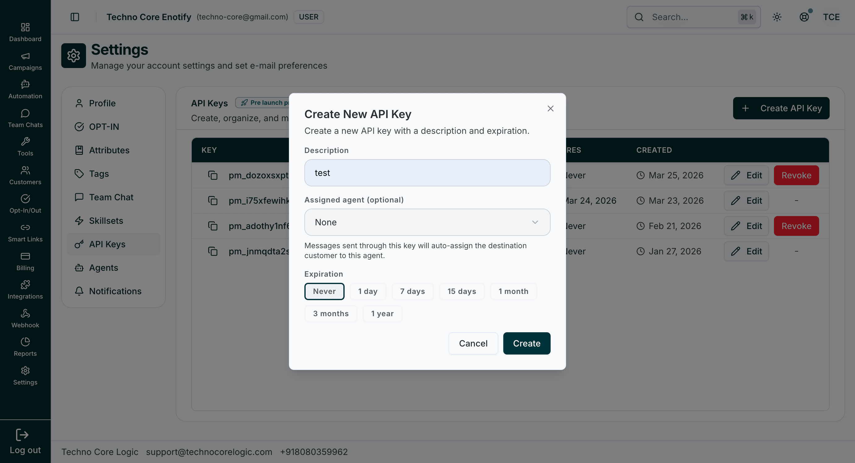 Create New API Key modal with description, optional assigned agent, and expiry presets