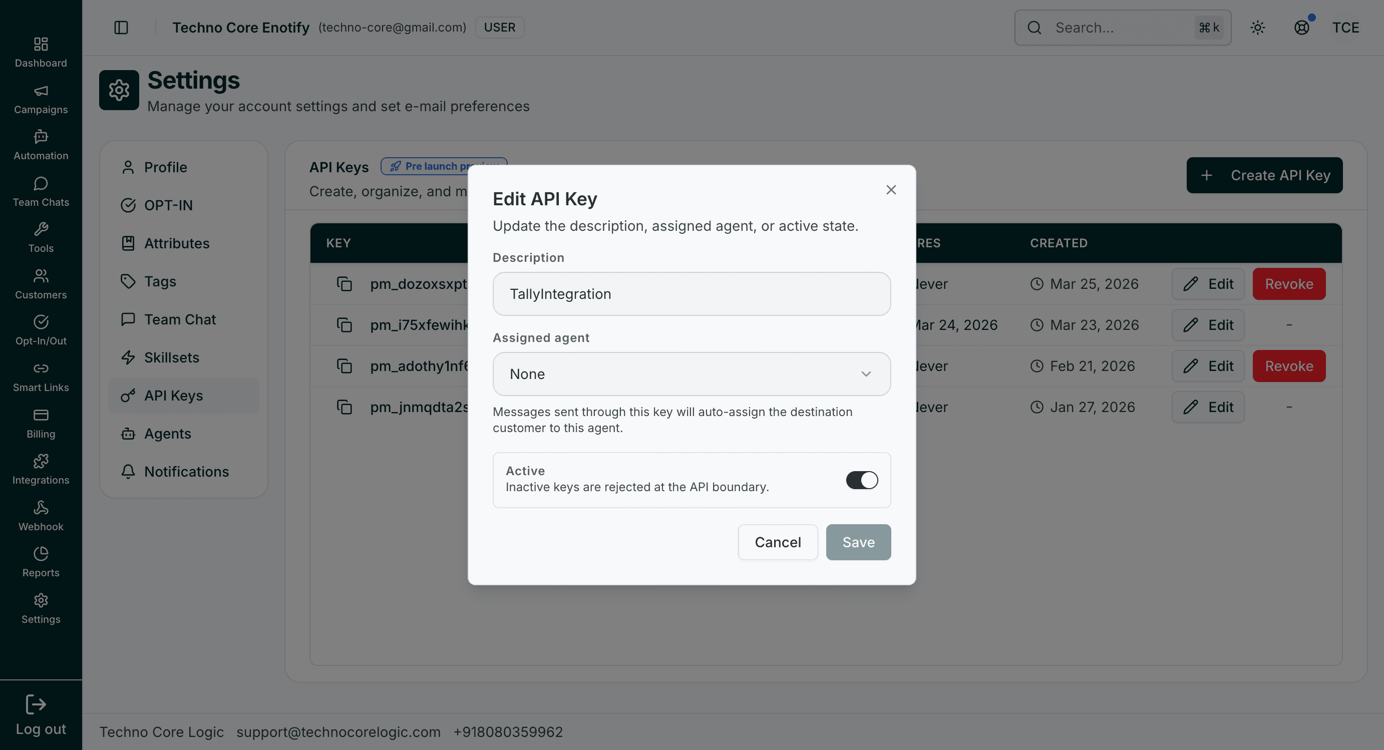 Edit API Key modal with description, assigned agent selector, and active toggle