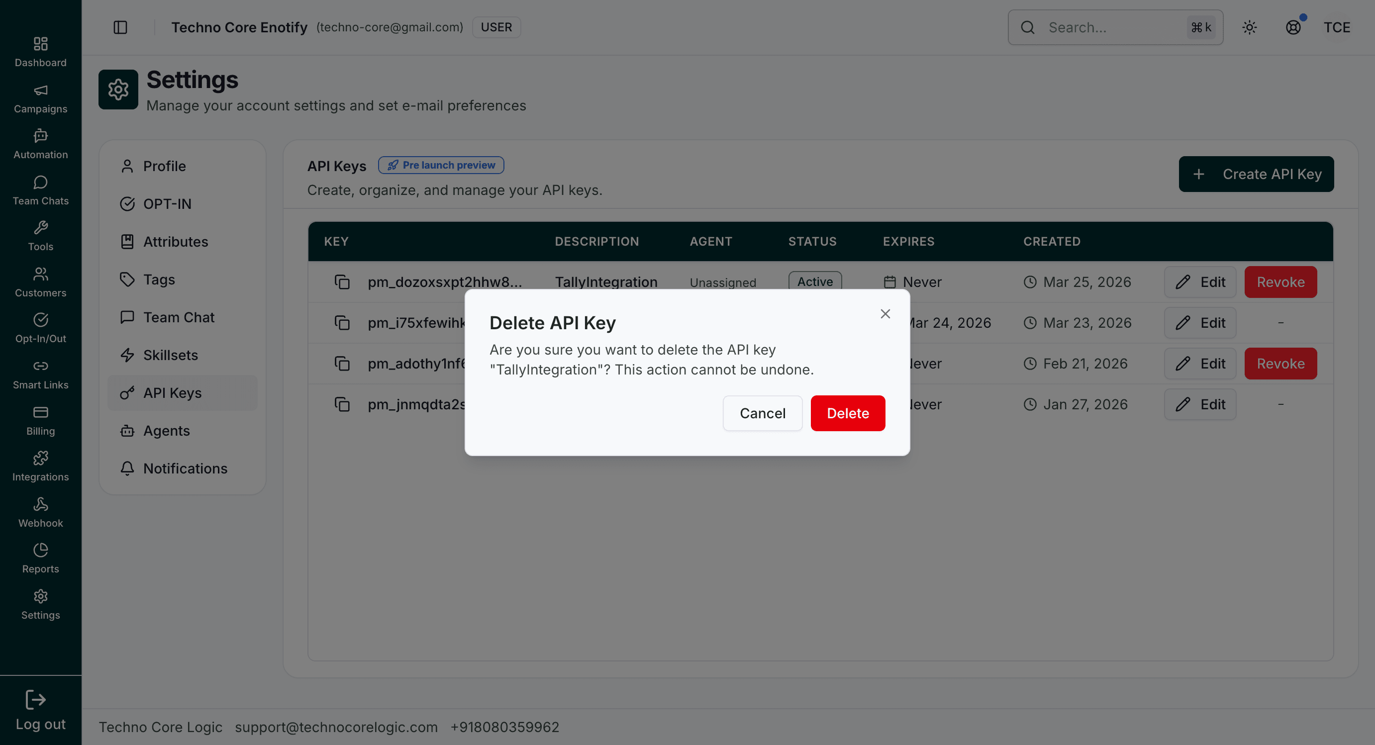 Delete API Key confirmation modal