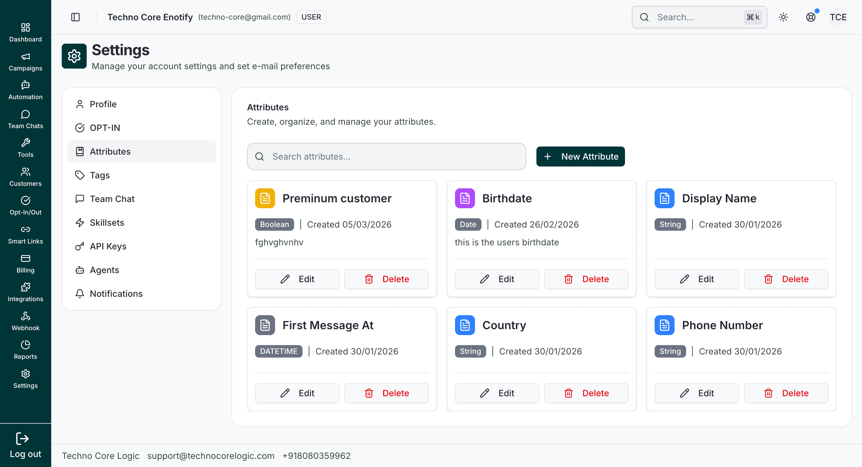 Attributes listing with search, New Attribute action, and cards showing type/date/details