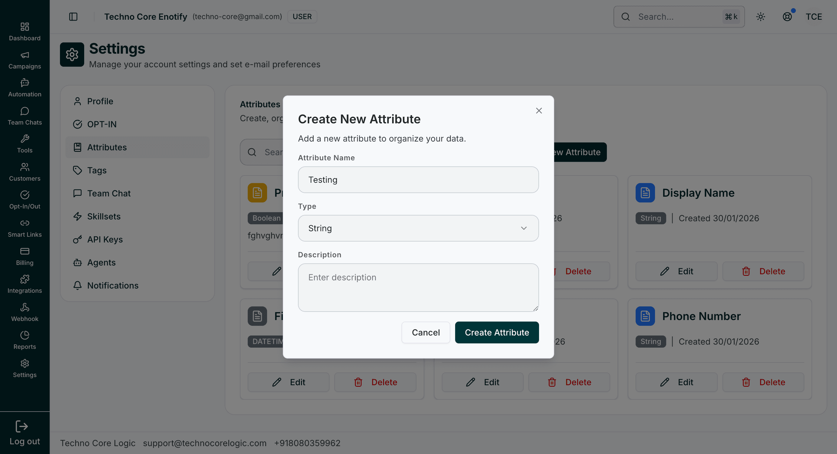 Create New Attribute modal with name, type, description, and Create button