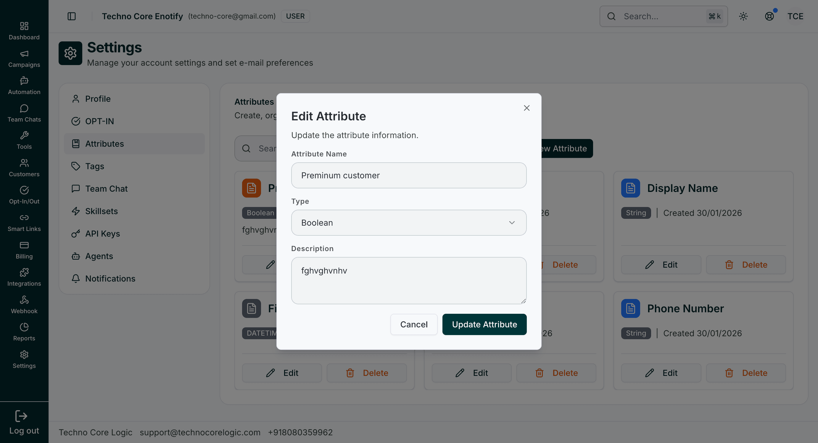 Edit Attribute modal with existing values and Update button