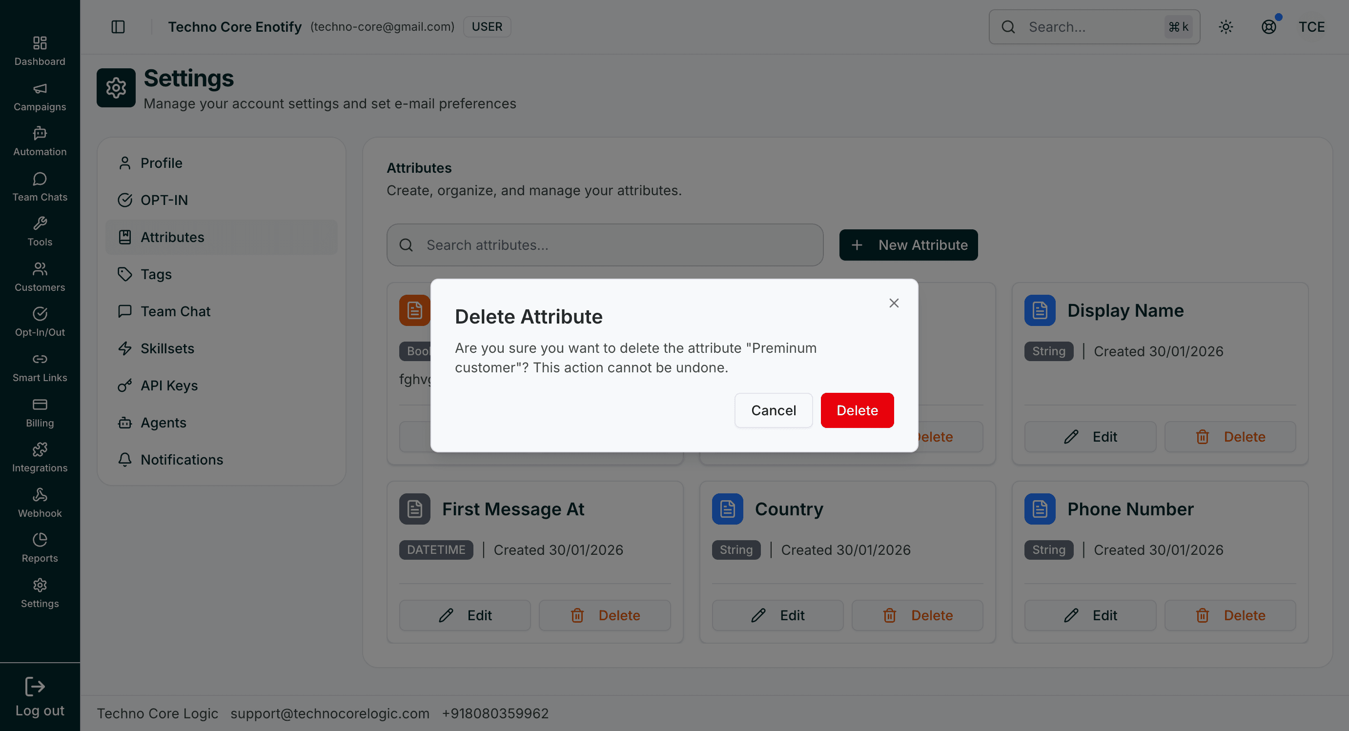 Delete Attribute confirmation modal