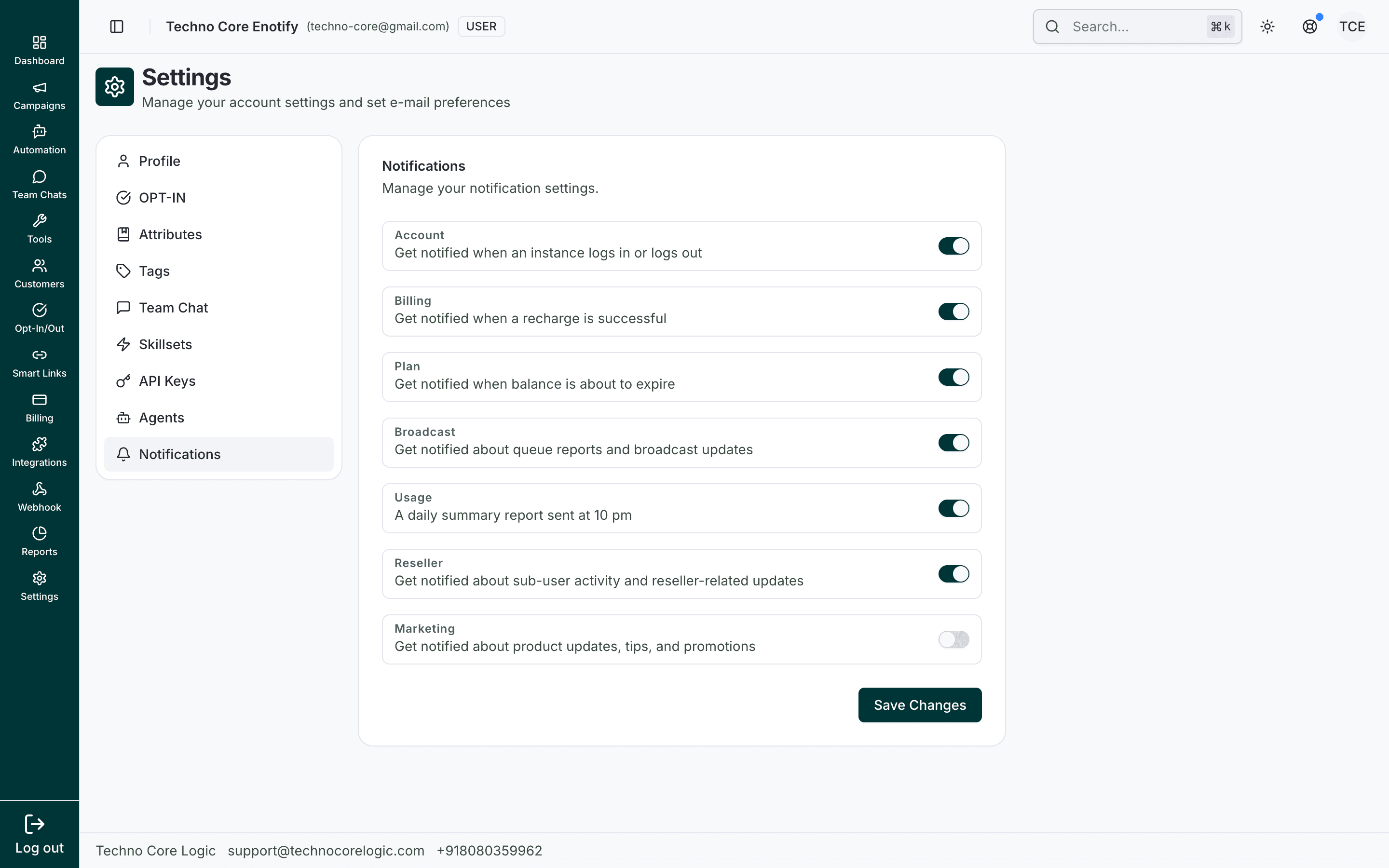 Notifications page with category rows and toggle switches, plus Save Changes button