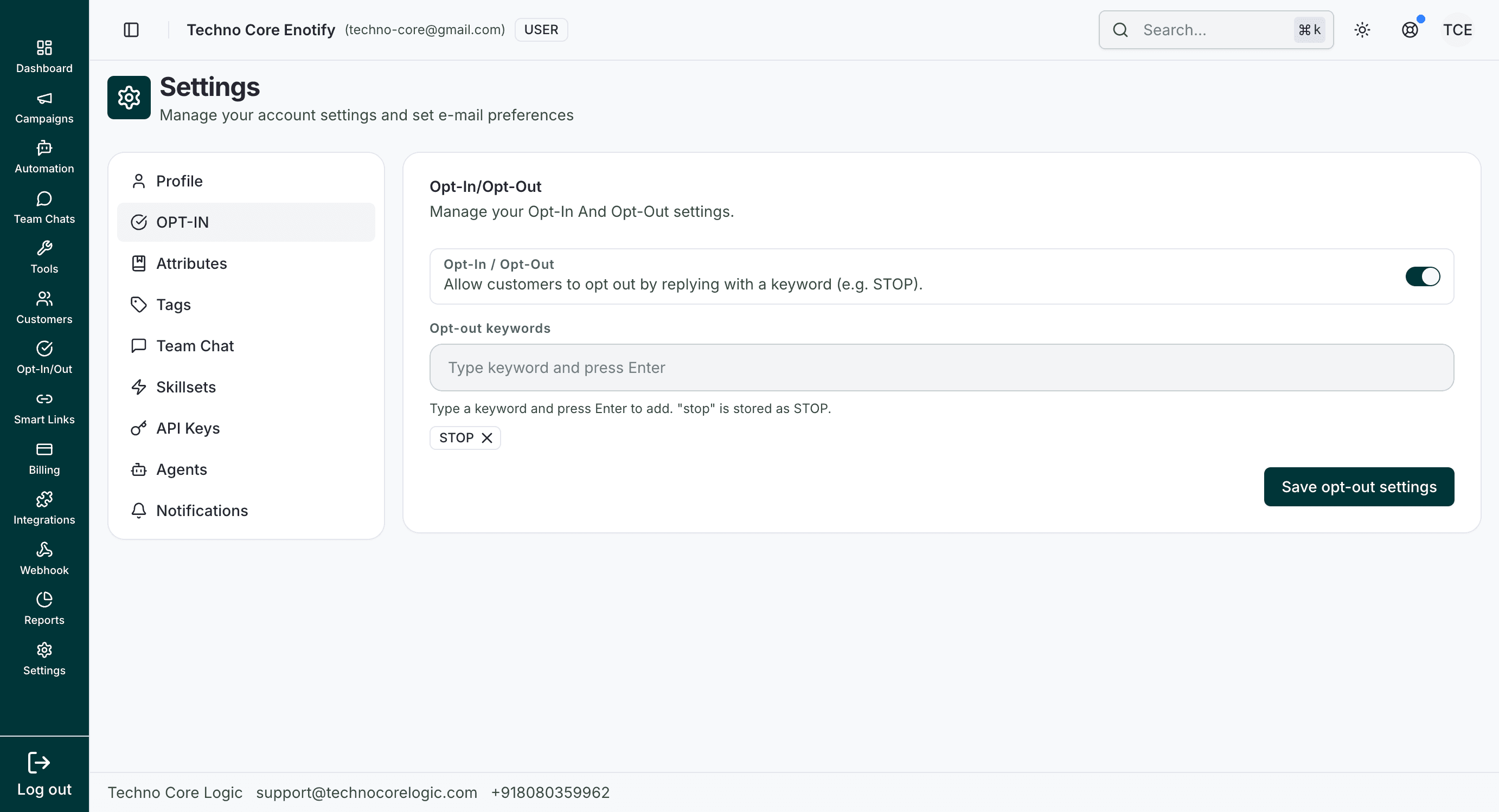 OPT-IN settings with toggle, keyword input, token list, and Save opt-out settings button