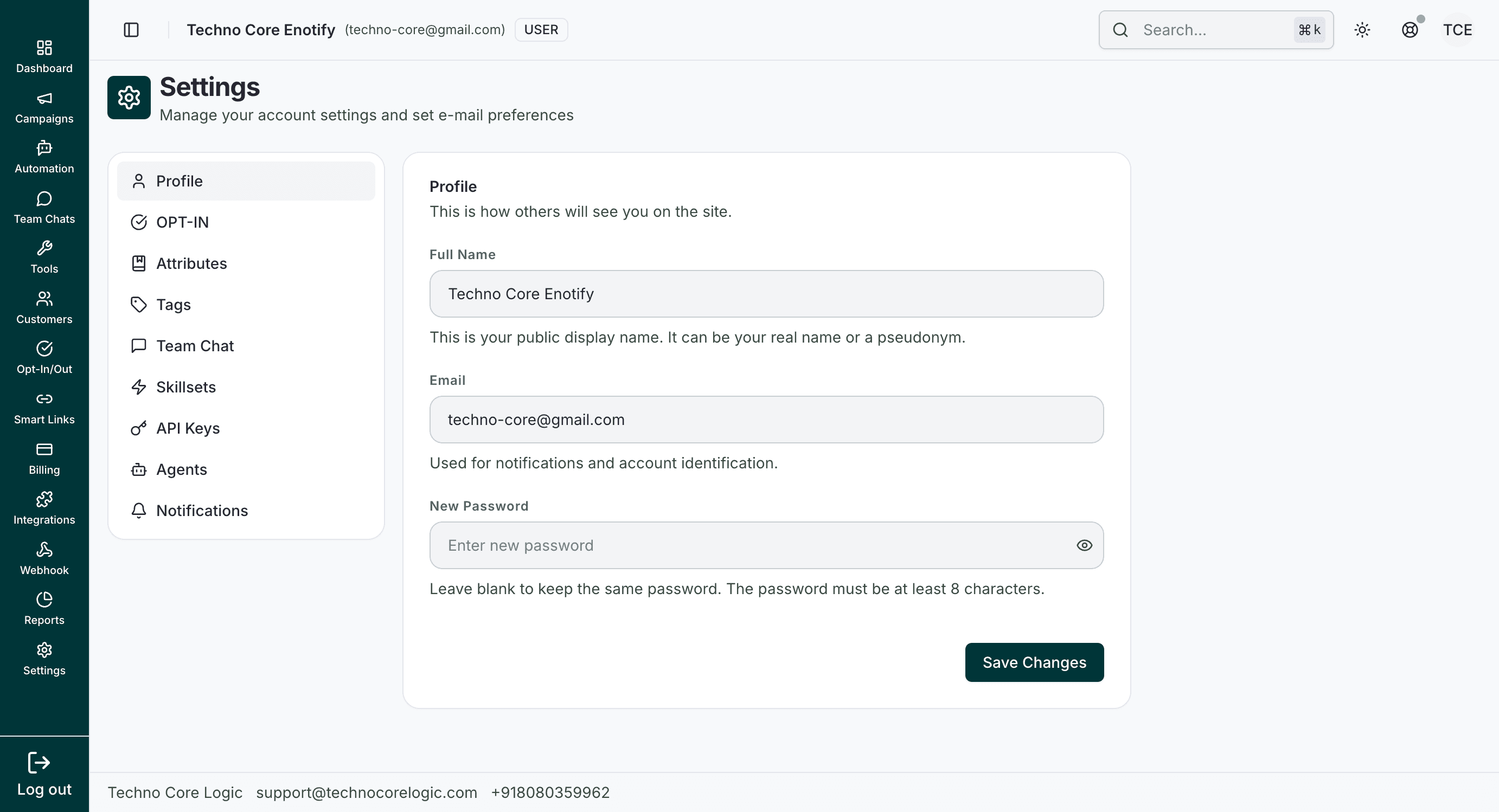 Profile settings form with Full Name, Email, New Password, and Save Changes button