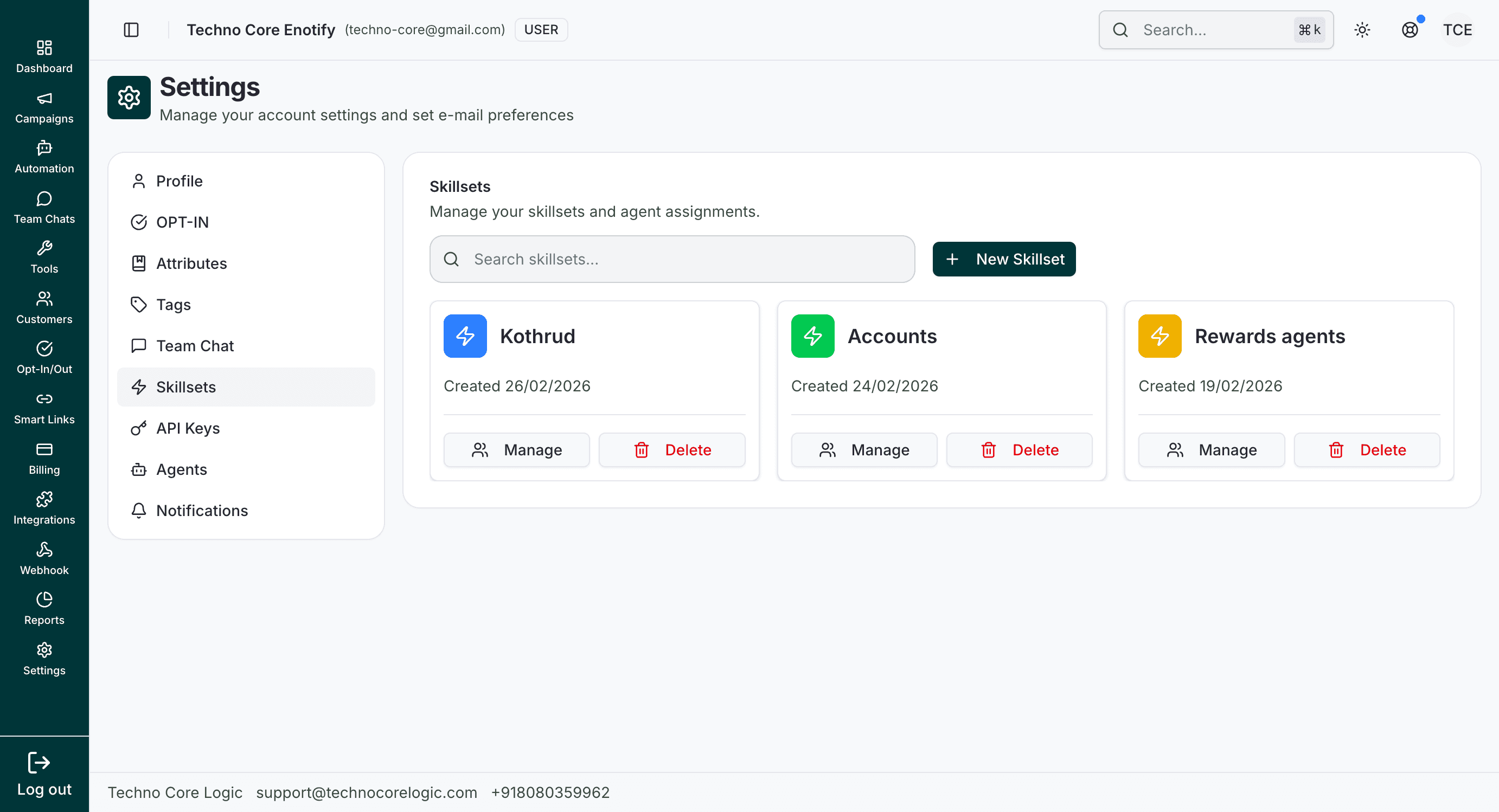 Skillsets listing with search, New Skillset action, and cards with Manage/Delete actions