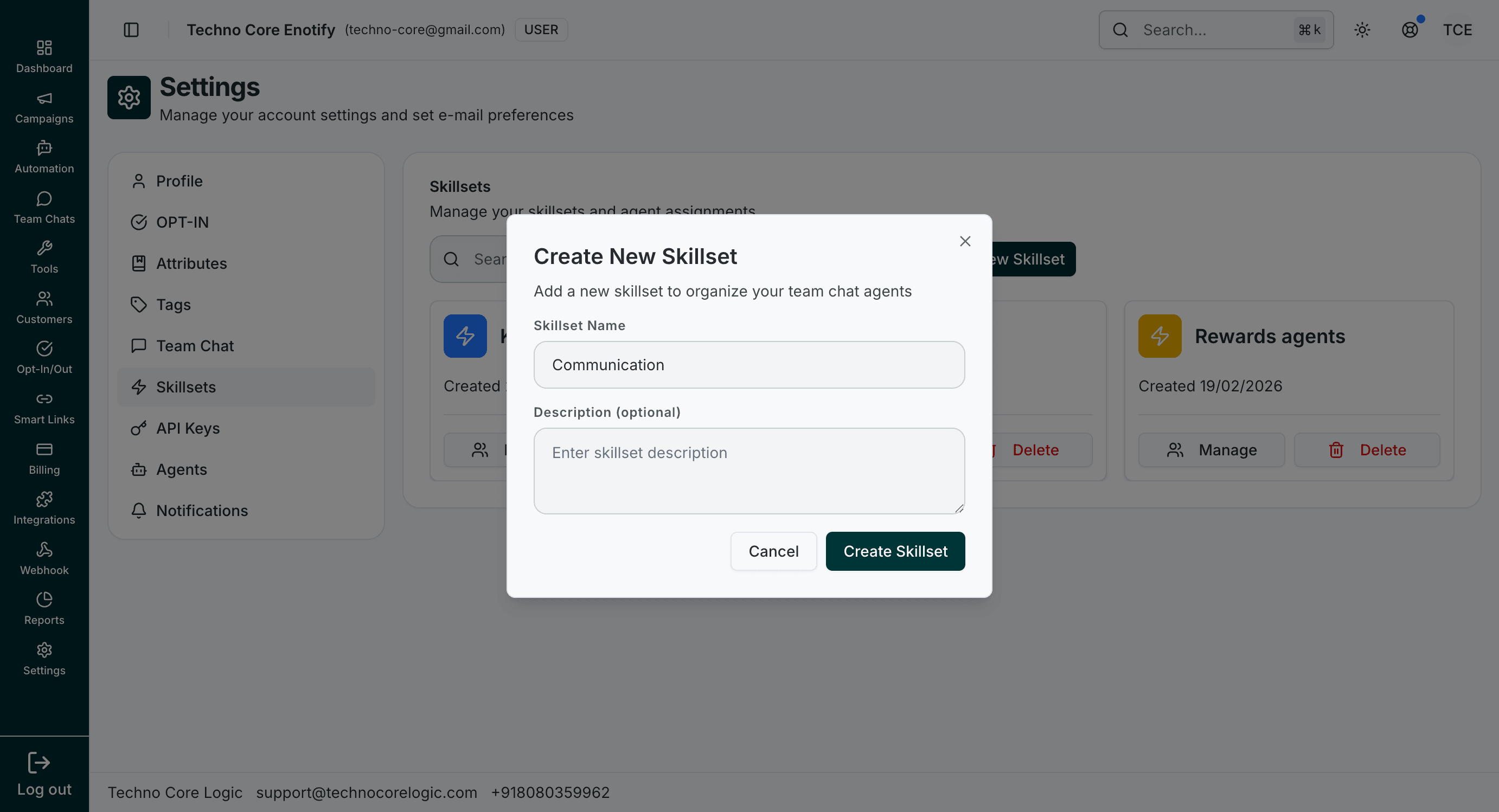 Create New Skillset modal with name and description