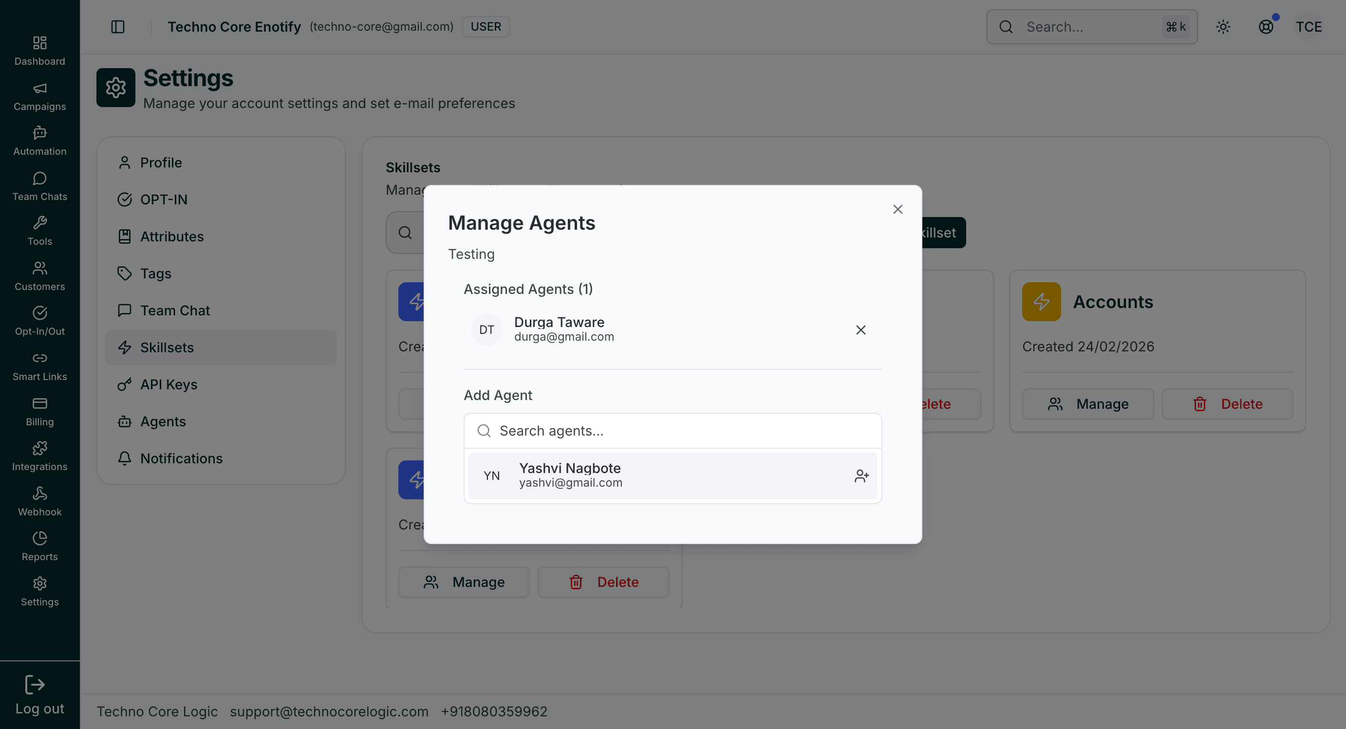 Manage Agents modal showing assigned agents and searchable add-agent list