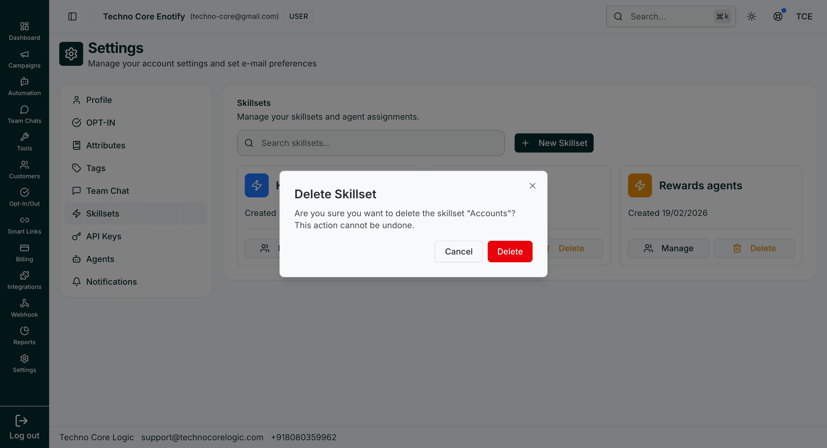Delete Skillset confirmation modal