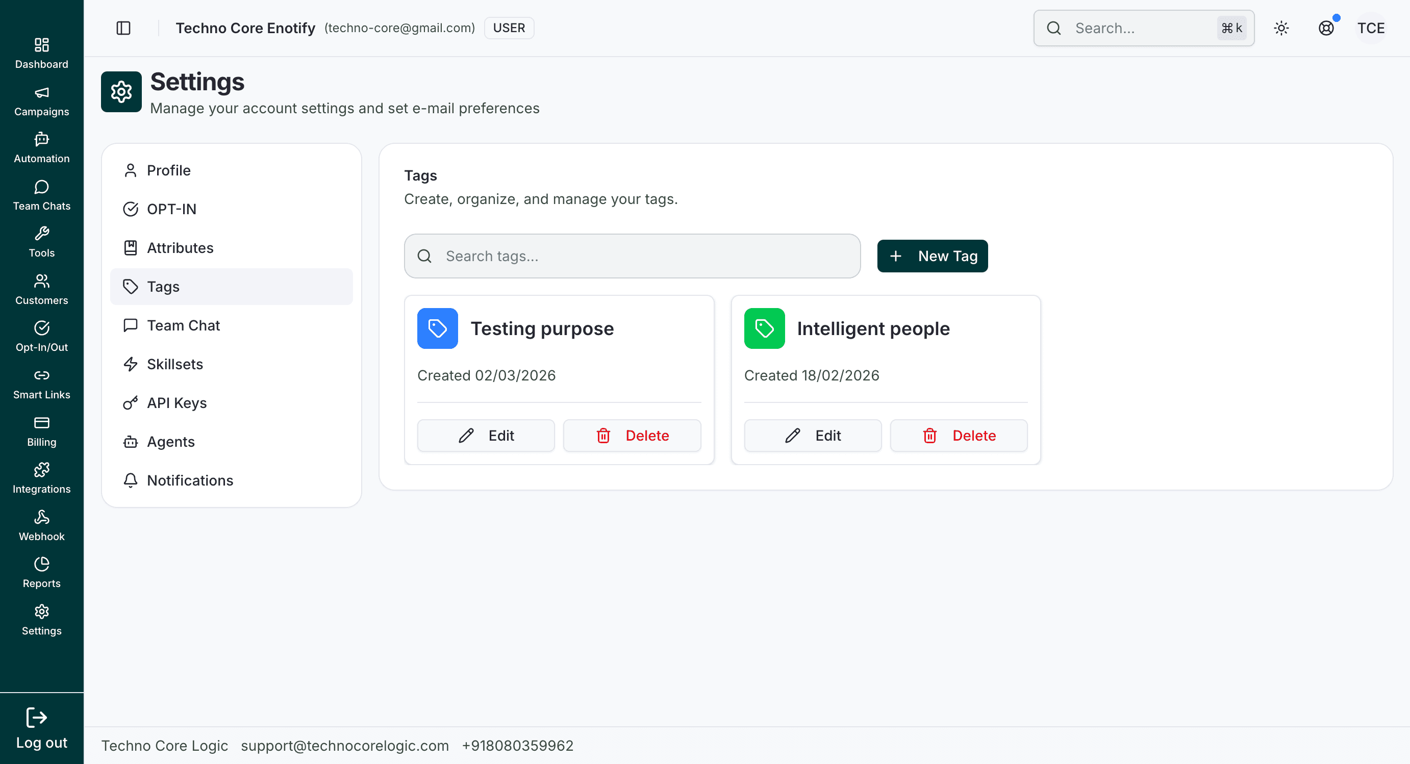Tags page with search, New Tag button, and tag cards with Edit/Delete actions