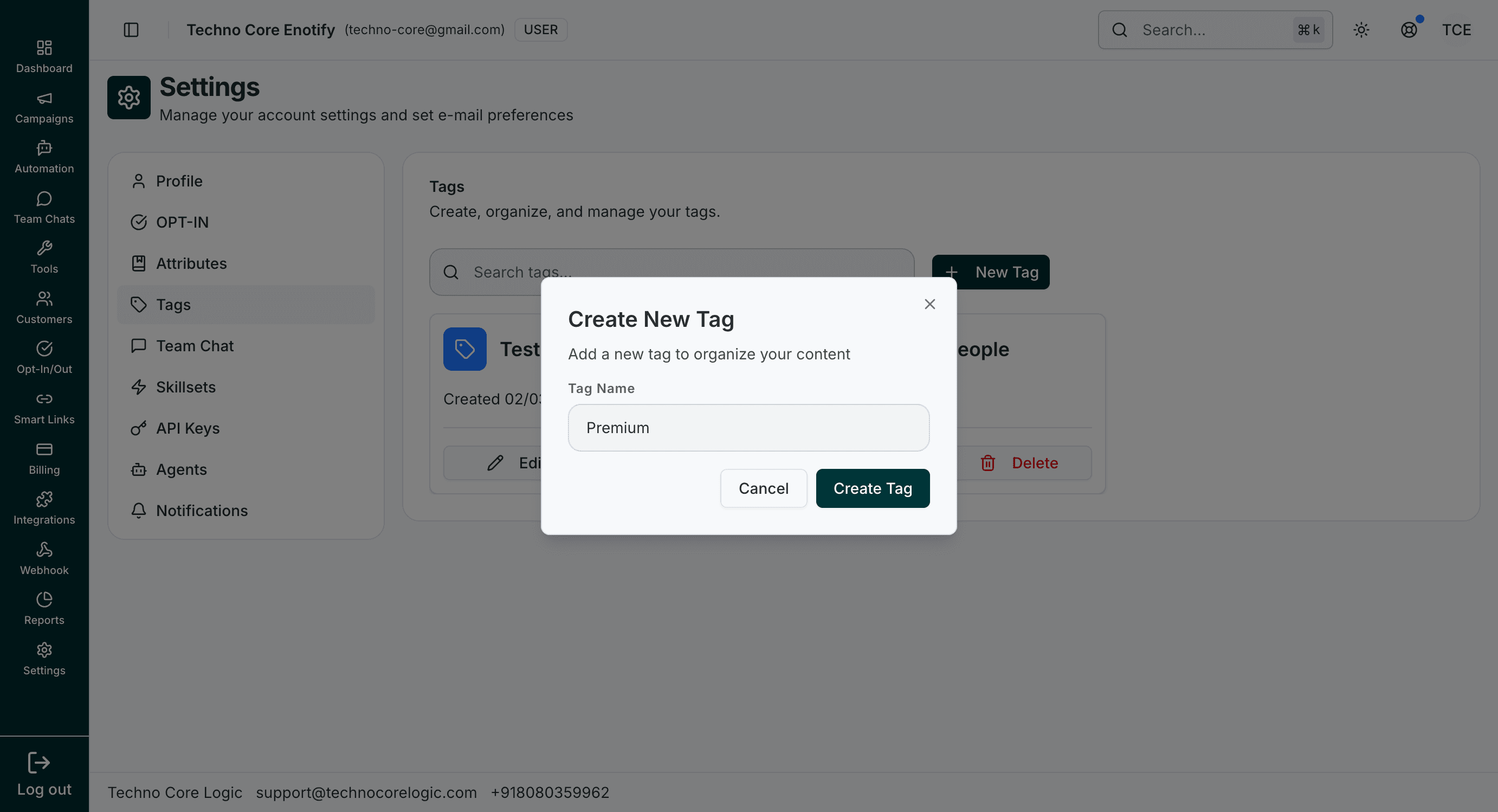 Create New Tag modal