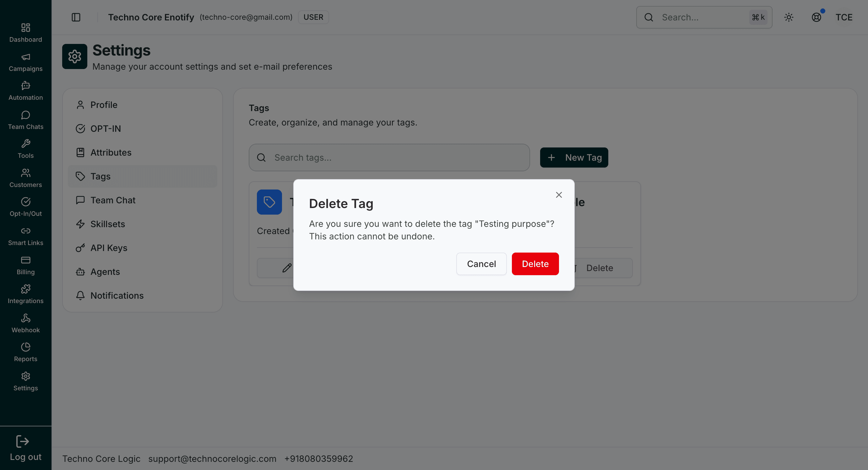 Delete Tag confirmation modal