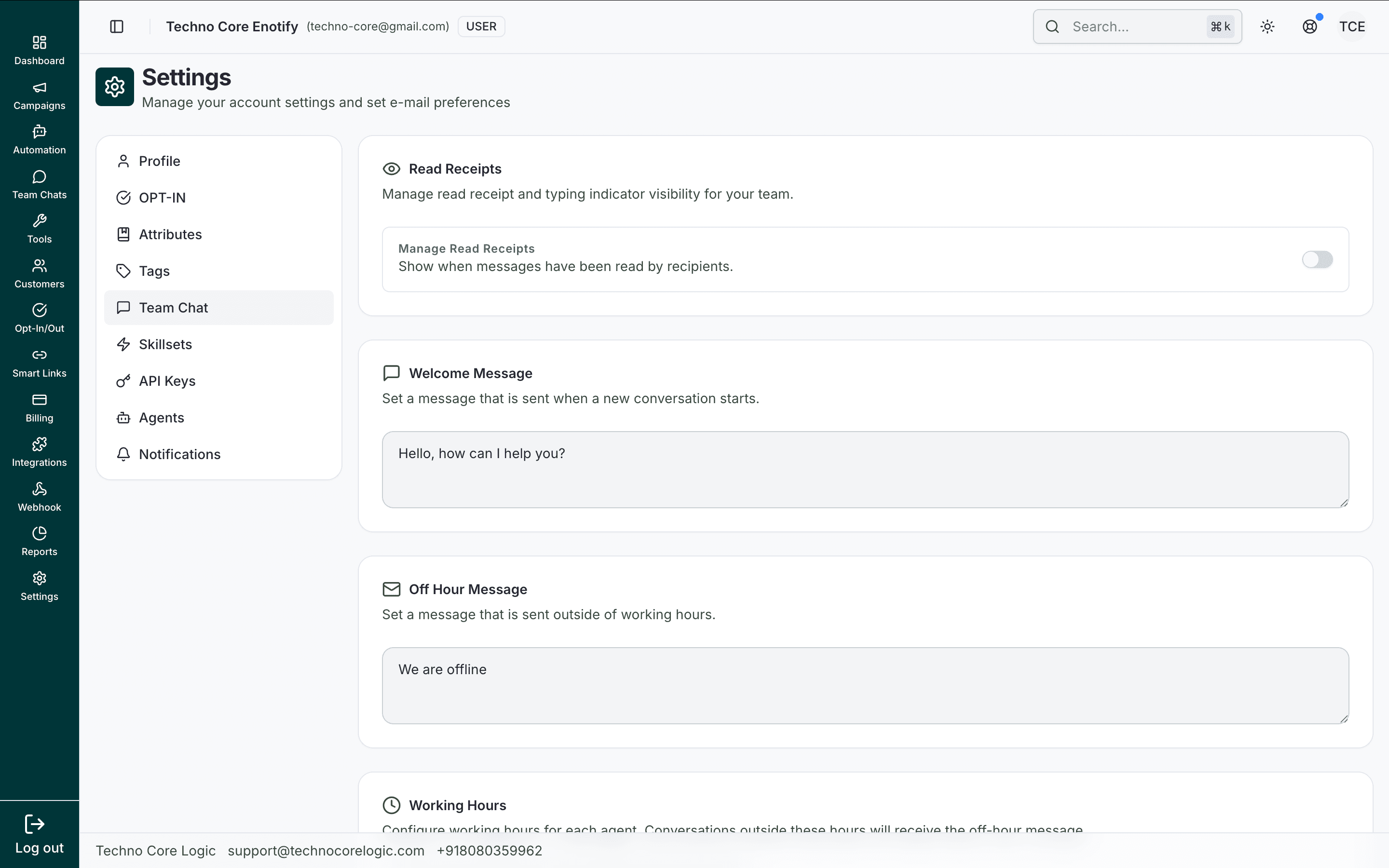 Team Chat settings showing read receipts, welcome message, off hour message, and working hours sections