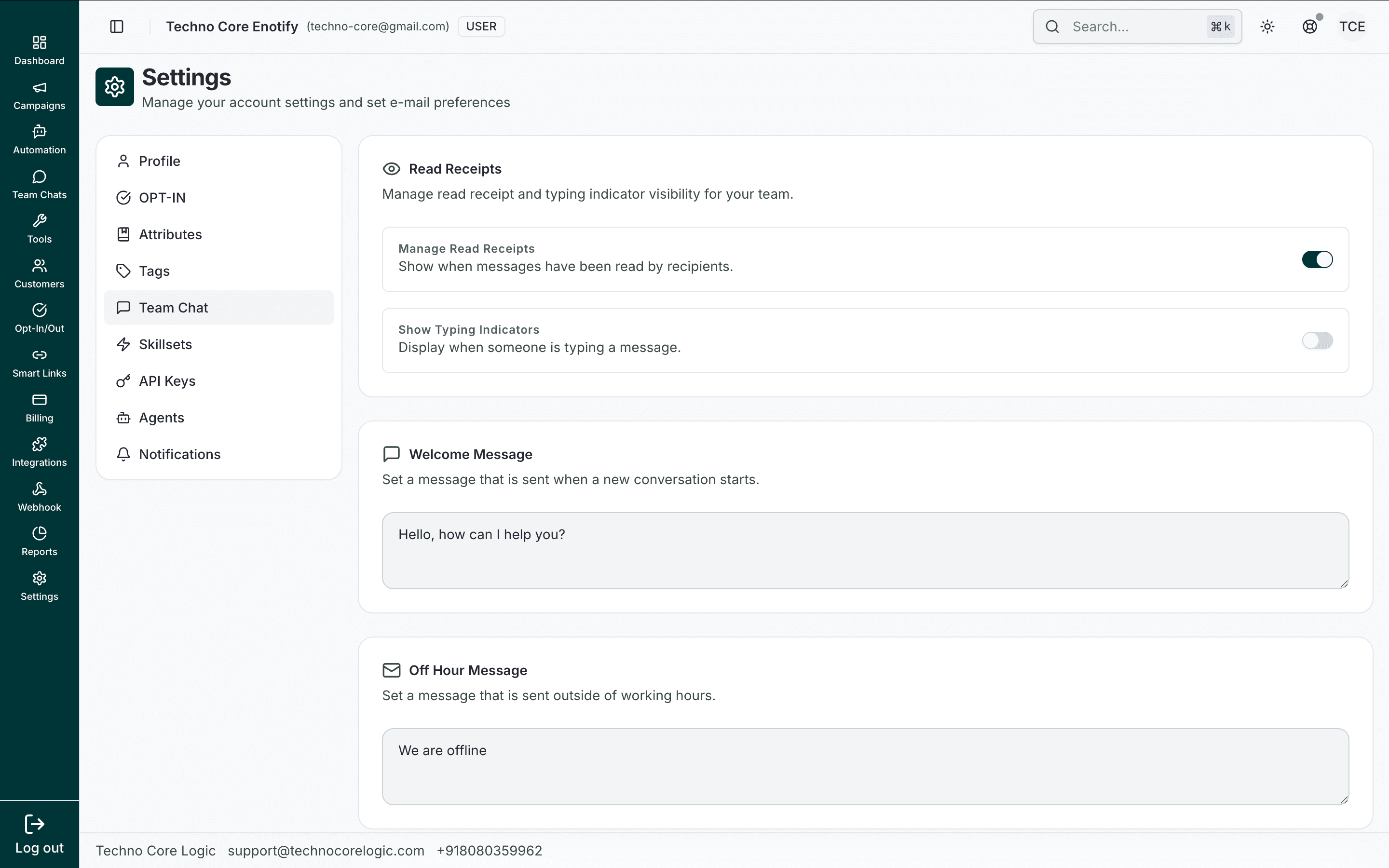 Working hours expanded with per-day toggles and start/end time selectors for a selected agent