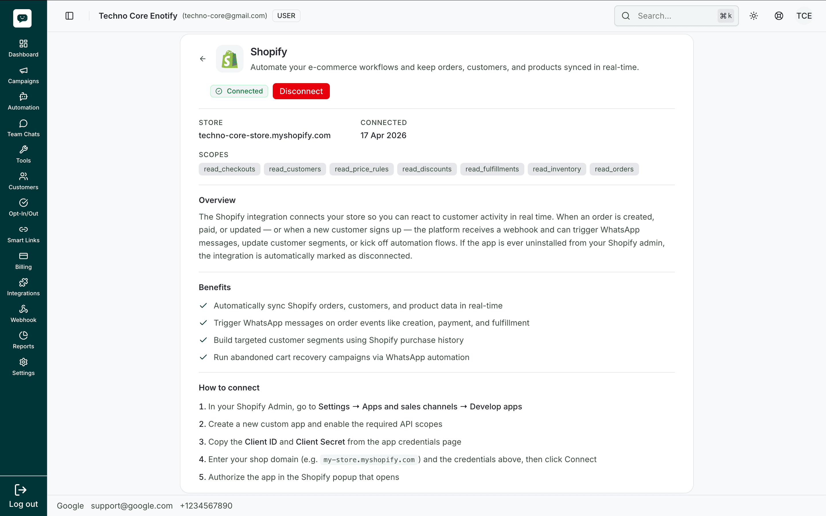 Shopify integration page when connected: Connected badge, store domain, connected date, and granted scopes