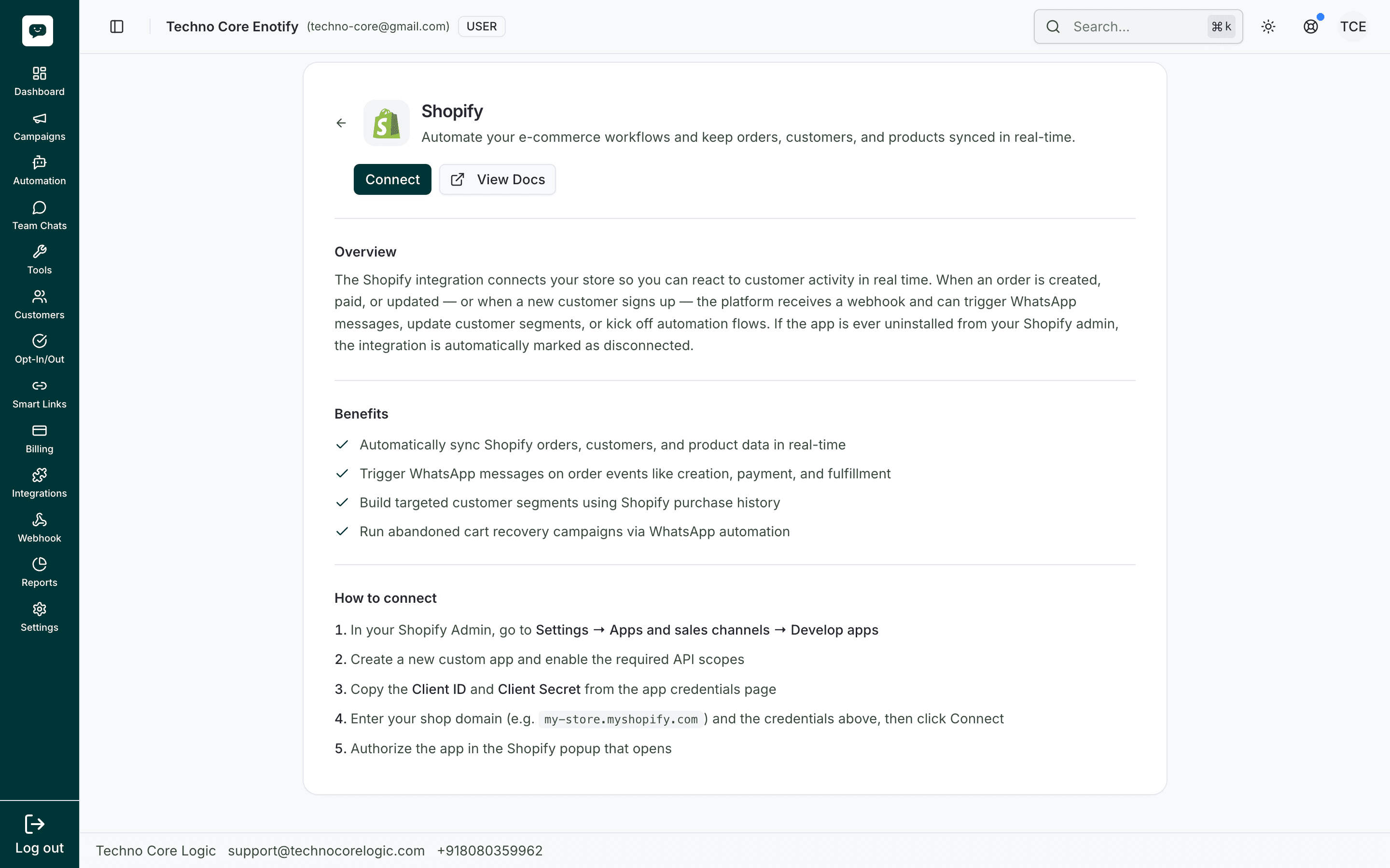 Shopify integration page before connect: Connect and View Docs, overview, benefits, and how-to steps