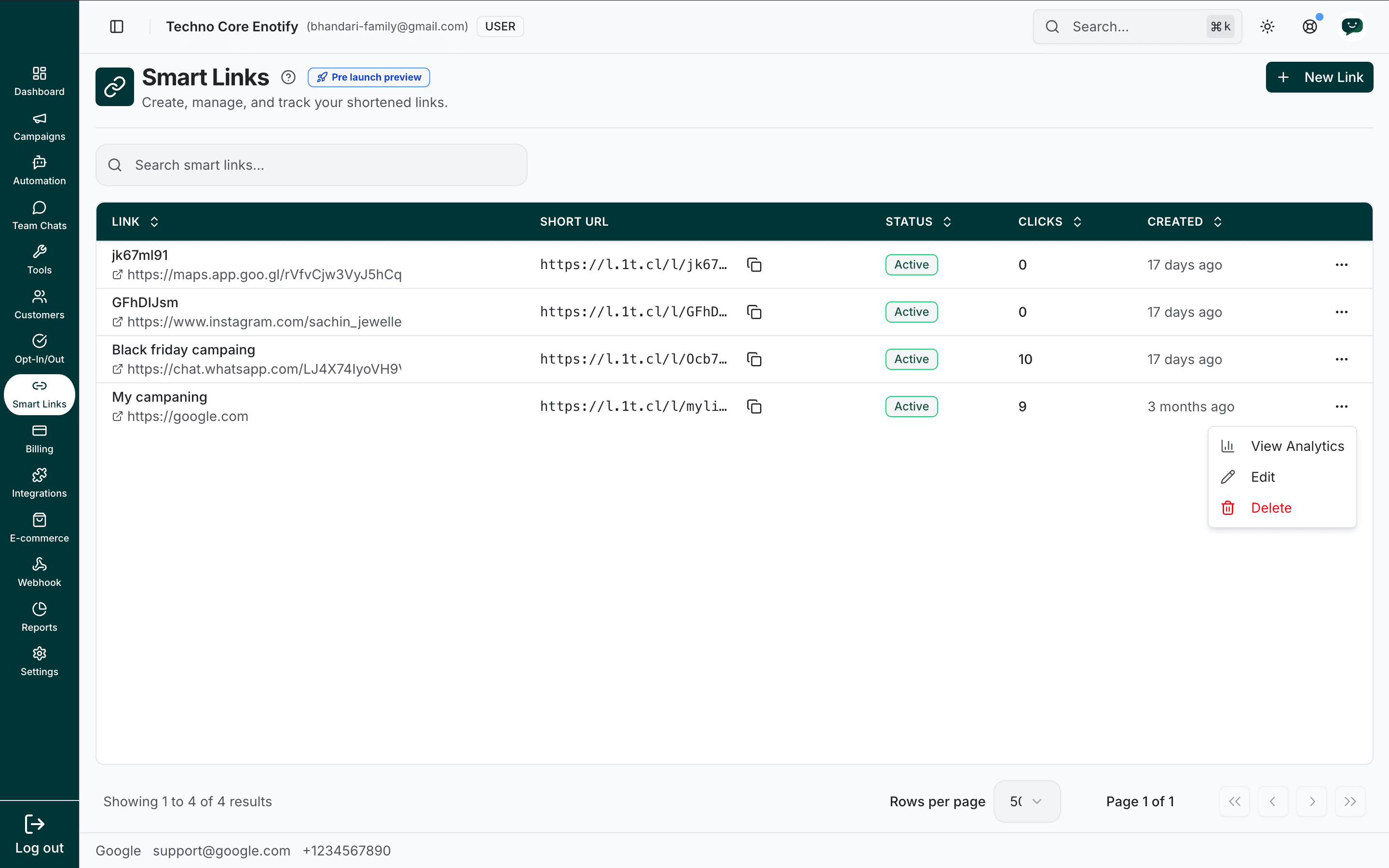 Smart Links page listing short links with their destination, short URL, status, clicks, and creation date
