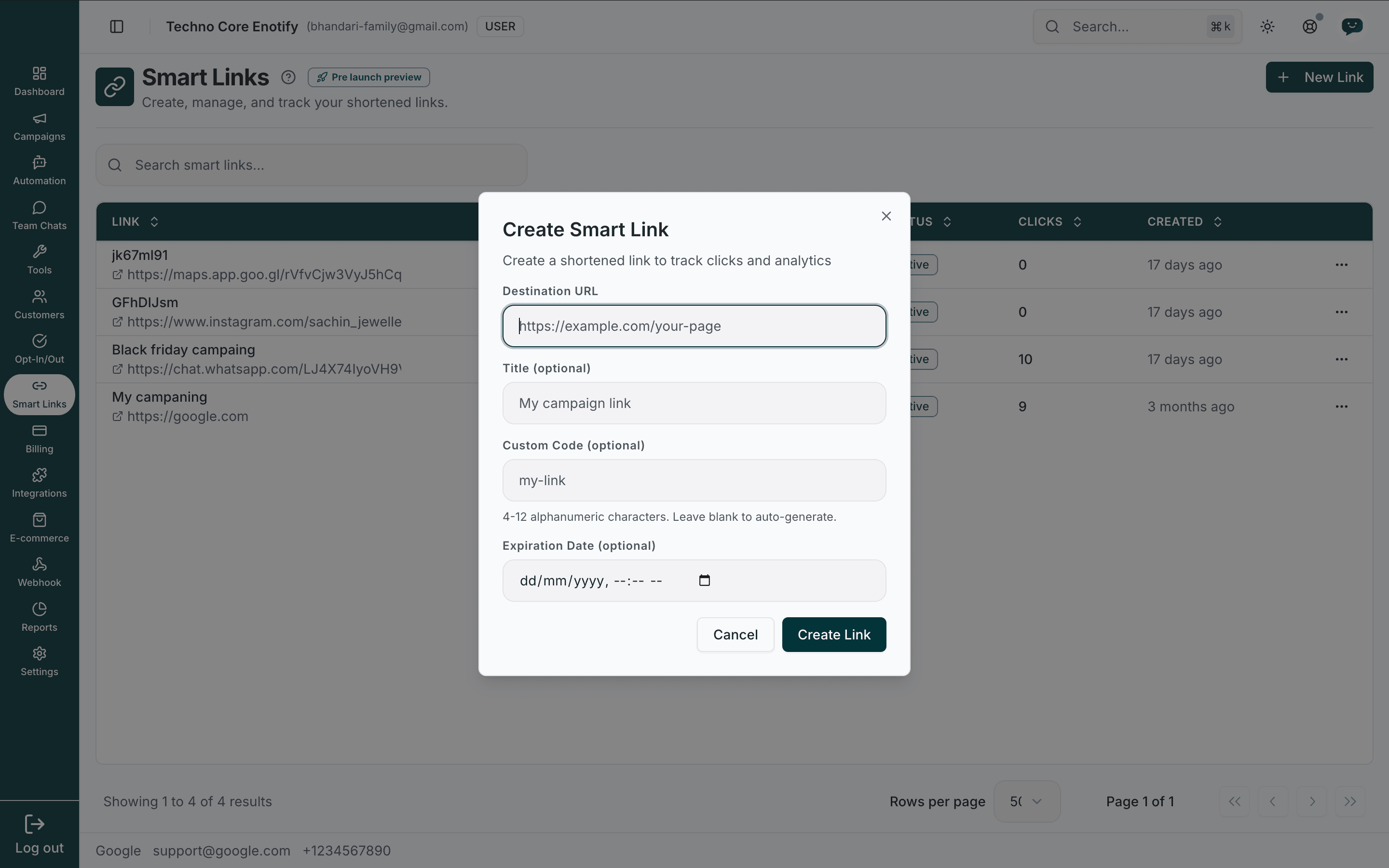 Create Smart Link dialog with destination URL, title, custom code, and expiration date fields