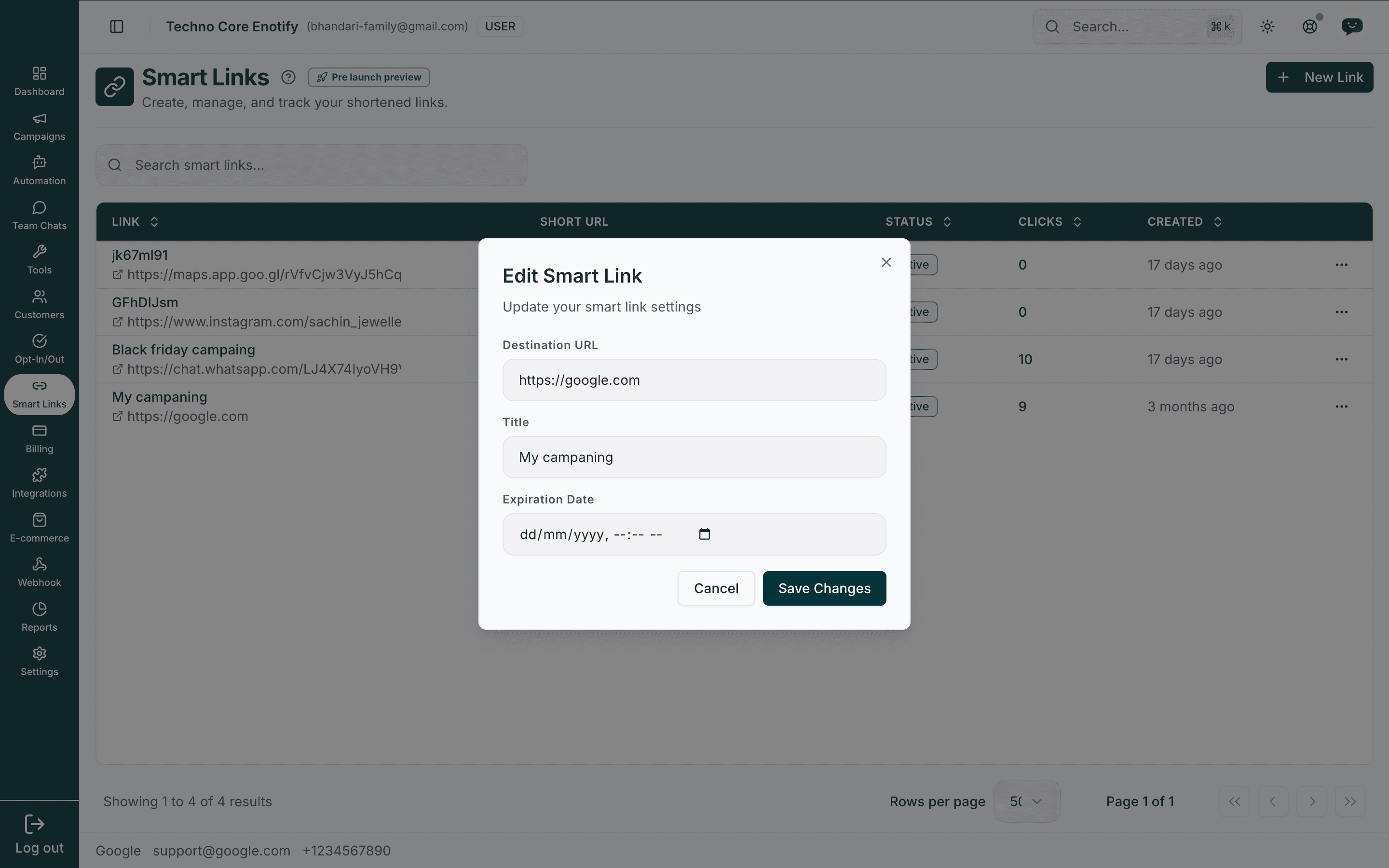 Edit Smart Link dialog with destination URL, title, and expiration date fields