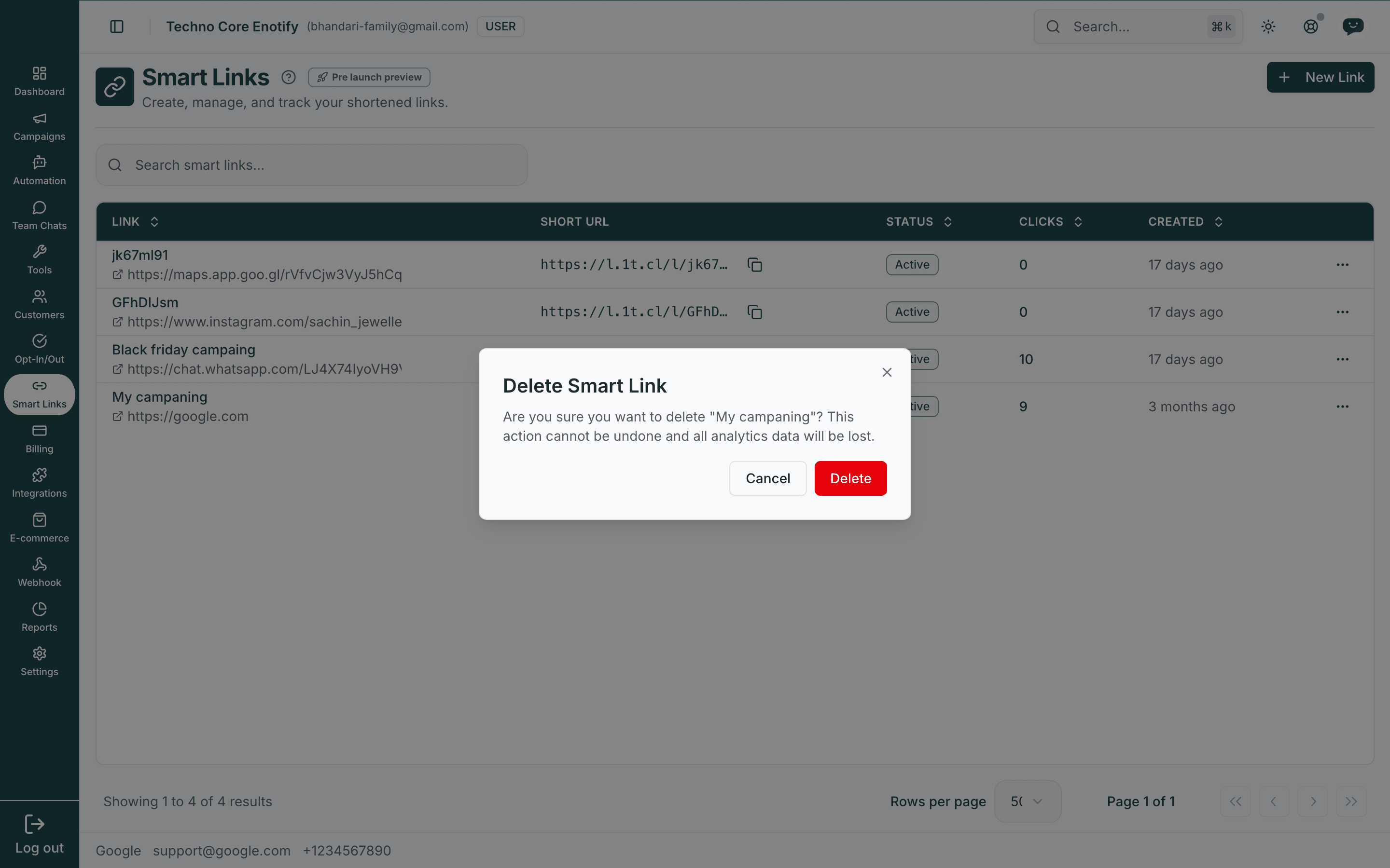 Delete Smart Link confirmation dialog warning that analytics data will be lost