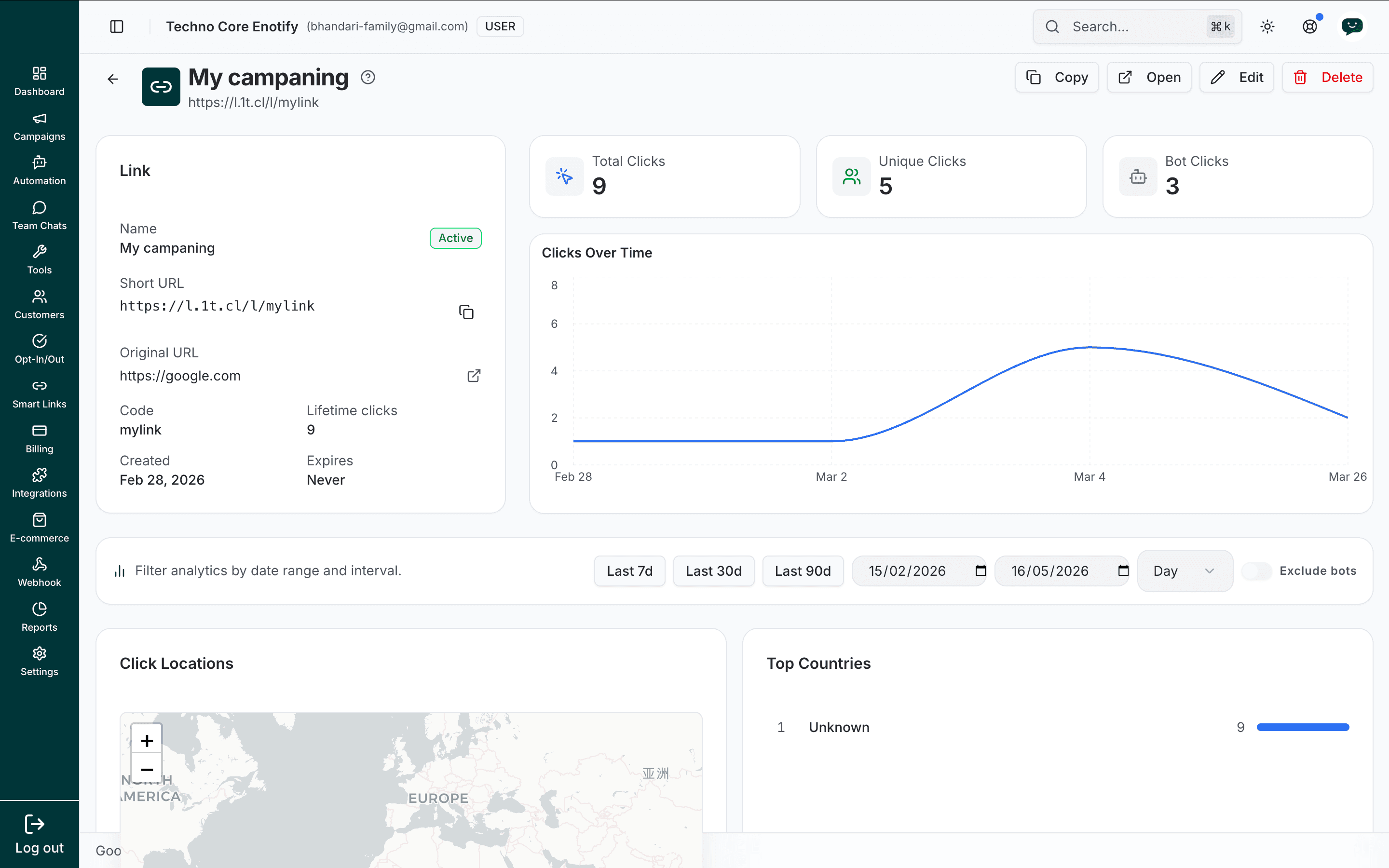 Smart link analytics showing total, unique, and bot clicks, a clicks-over-time chart, and link details