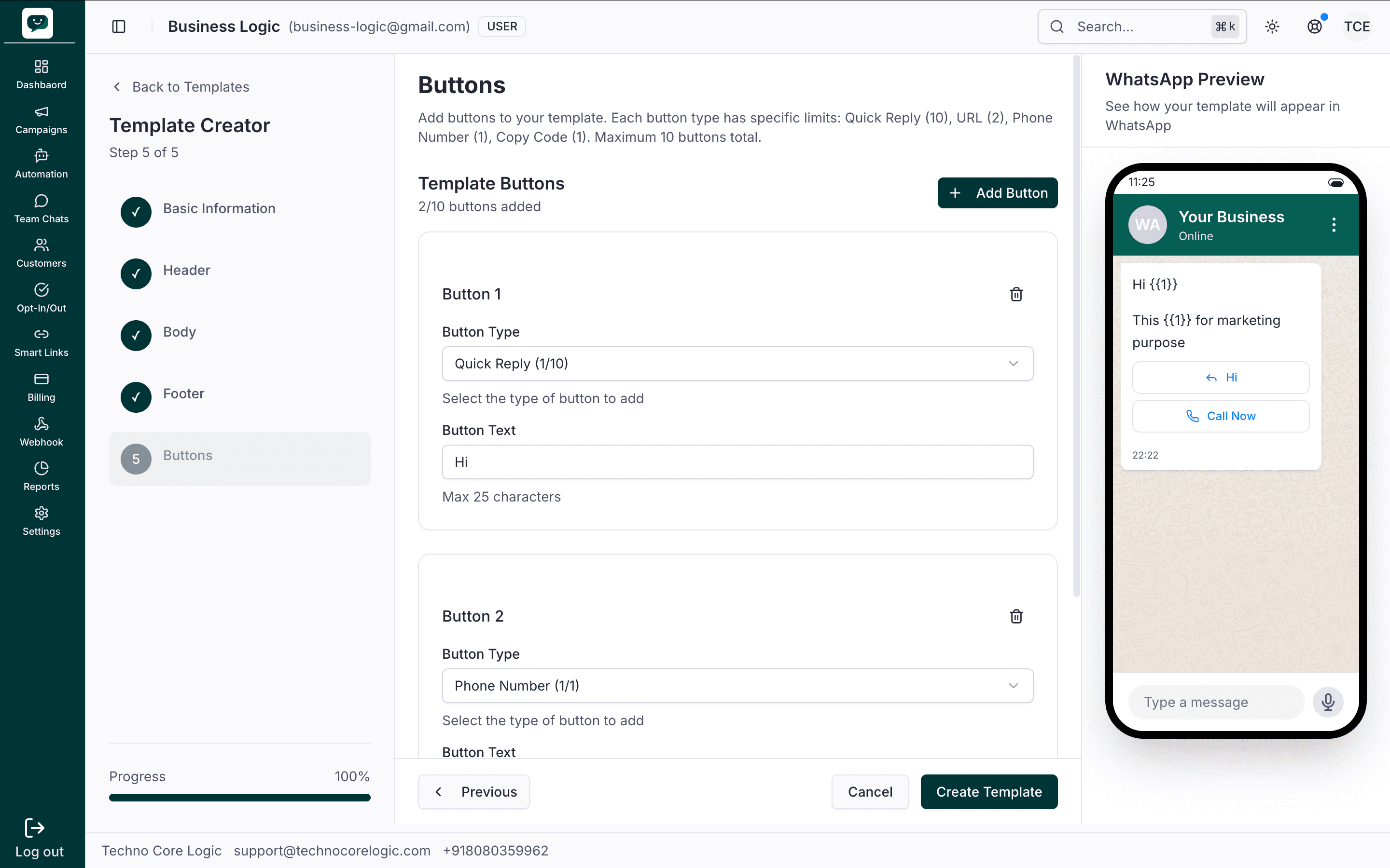 Template button configuration showing button type dropdown, label input, and URL/phone fields