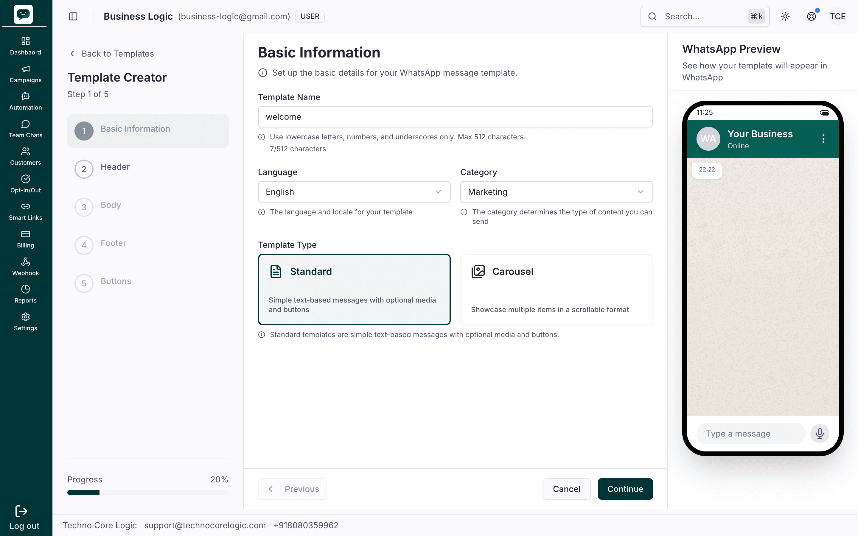 Template creation basic info showing name input, language dropdown, and category selector