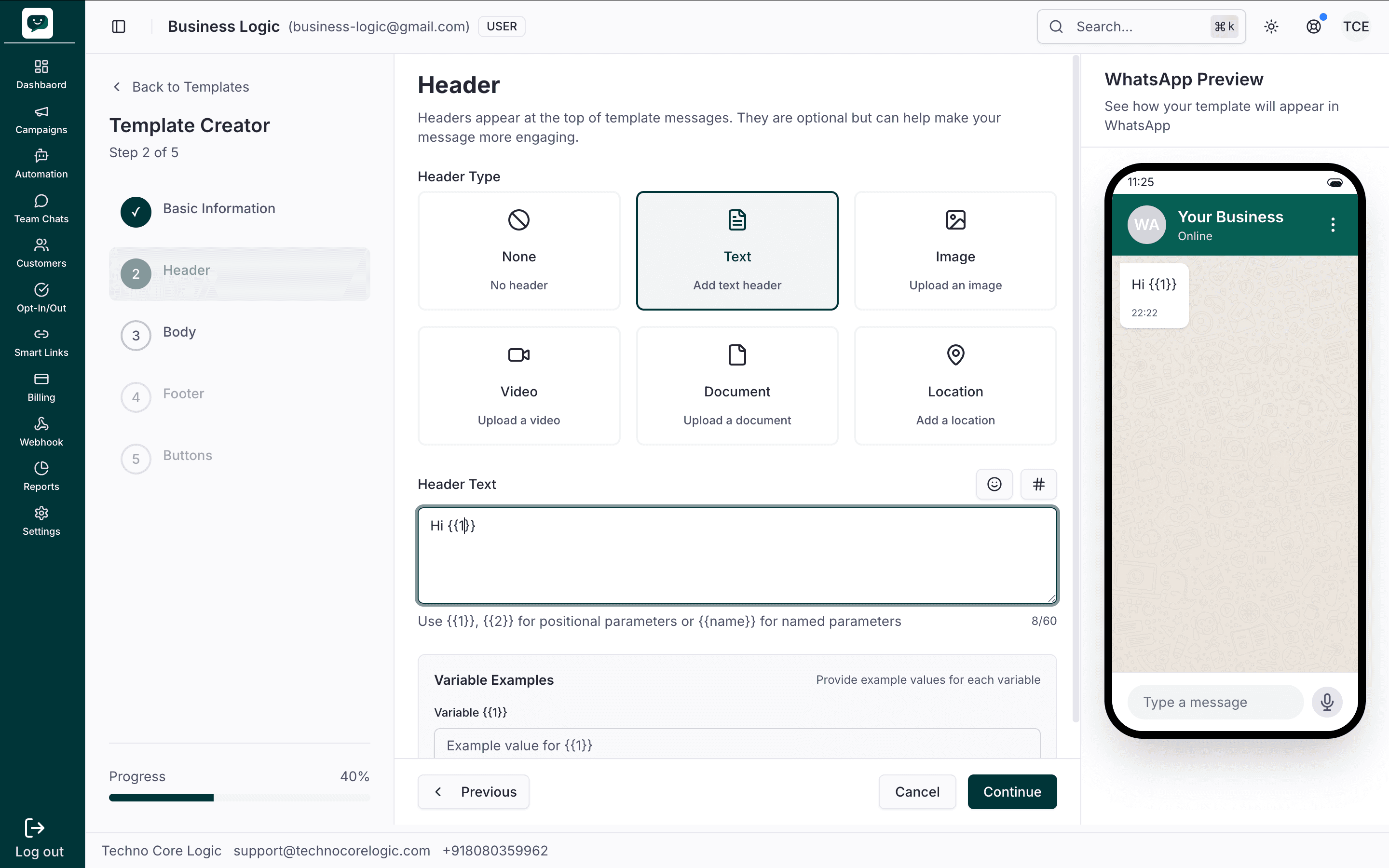 Template header configuration with type selector and preview panel showing how the header appears in WhatsApp