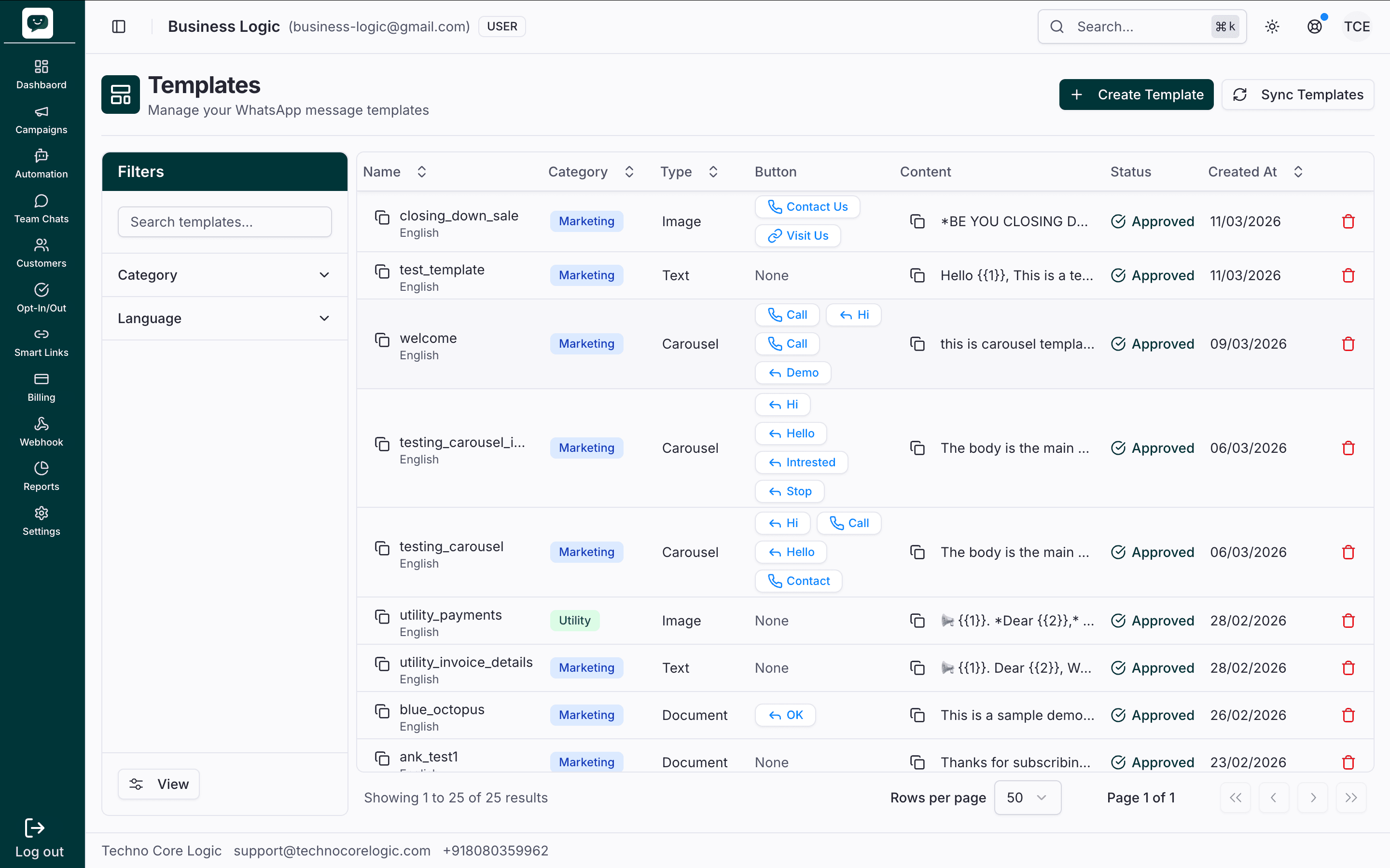 Templates page showing a list of templates with name, category, status (Approved/Pending/Rejected), language, and last updated date