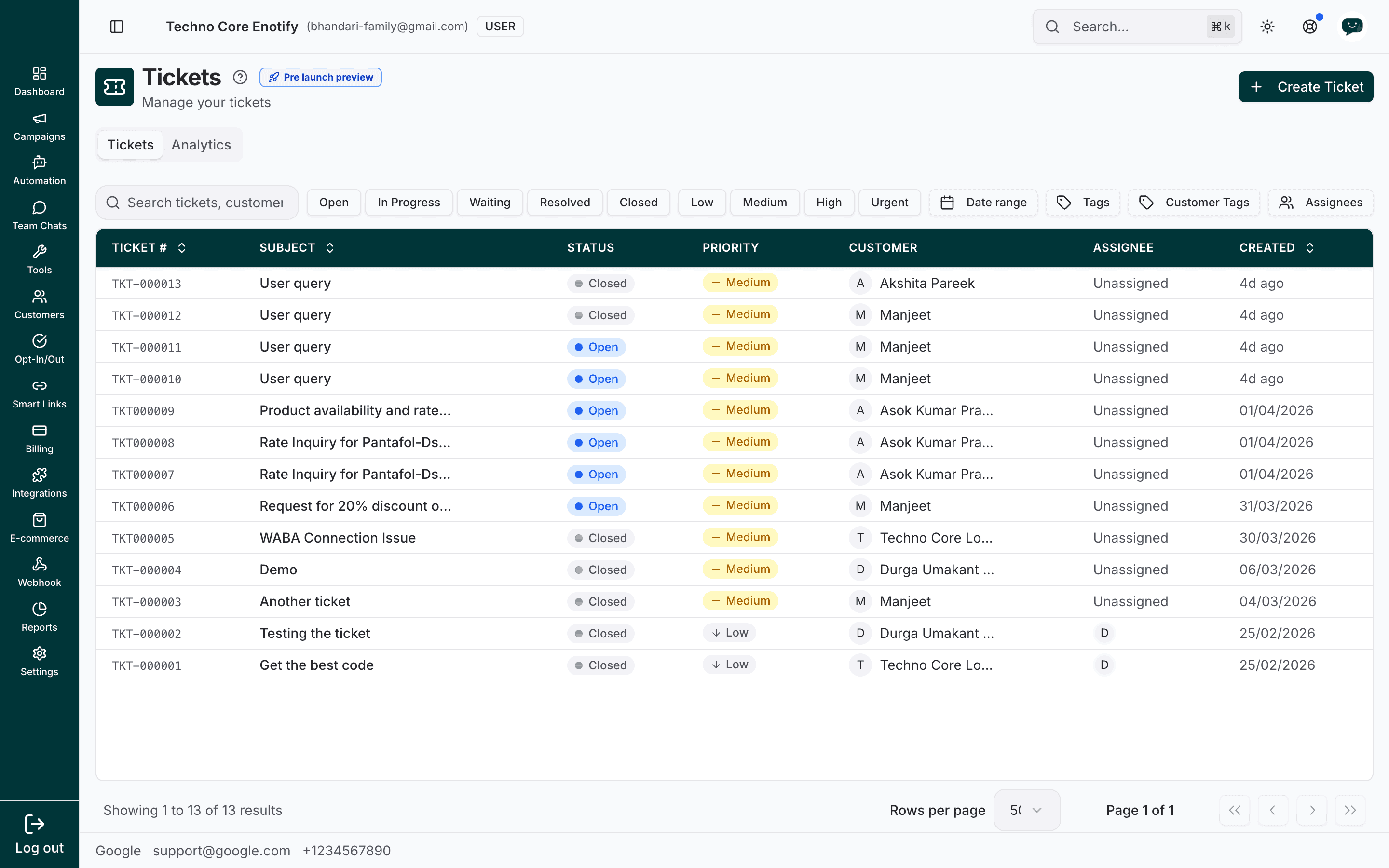 Tickets page listing tickets with their number, subject, status, priority, customer, assignee, and creation date