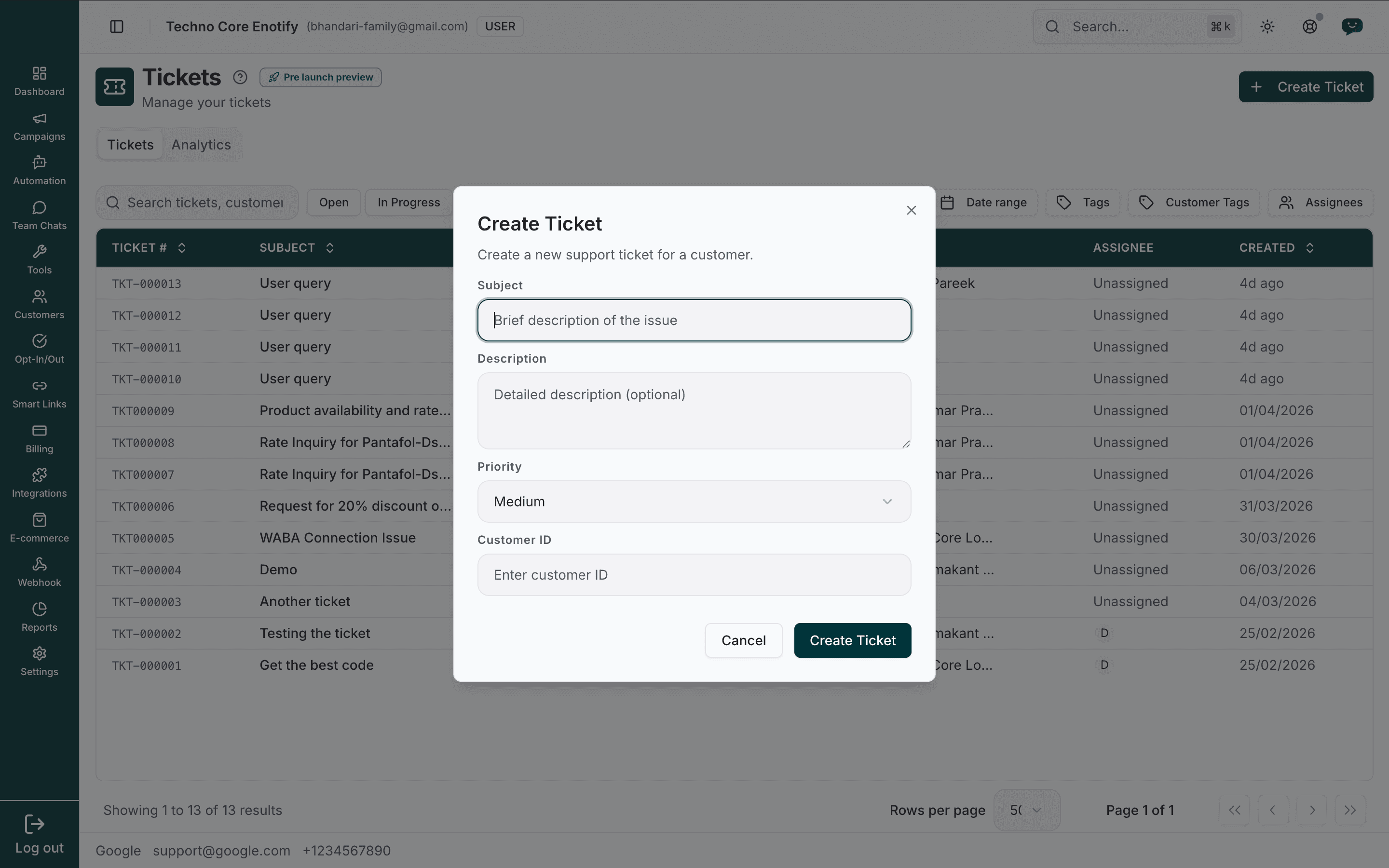Create Ticket dialog with subject, description, priority, and customer ID fields