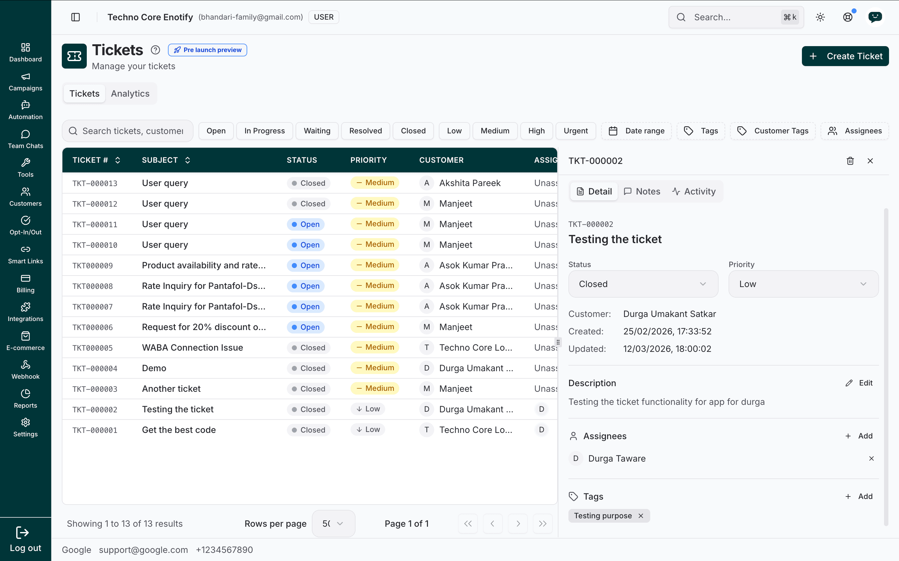 Ticket detail panel showing status, priority, customer, description, assignees, and tags