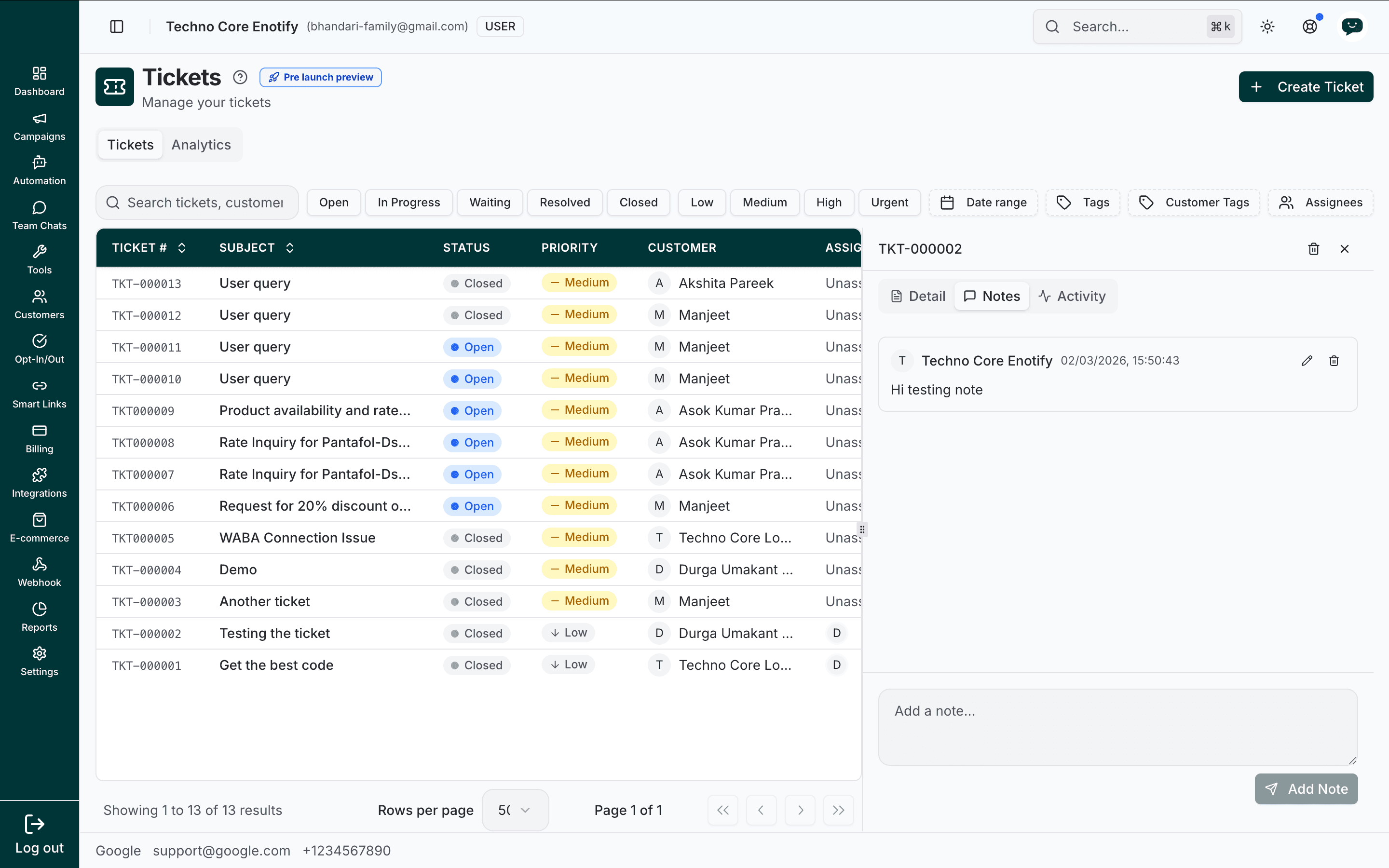 Ticket Notes tab showing an internal note with edit and delete controls and an add-note box