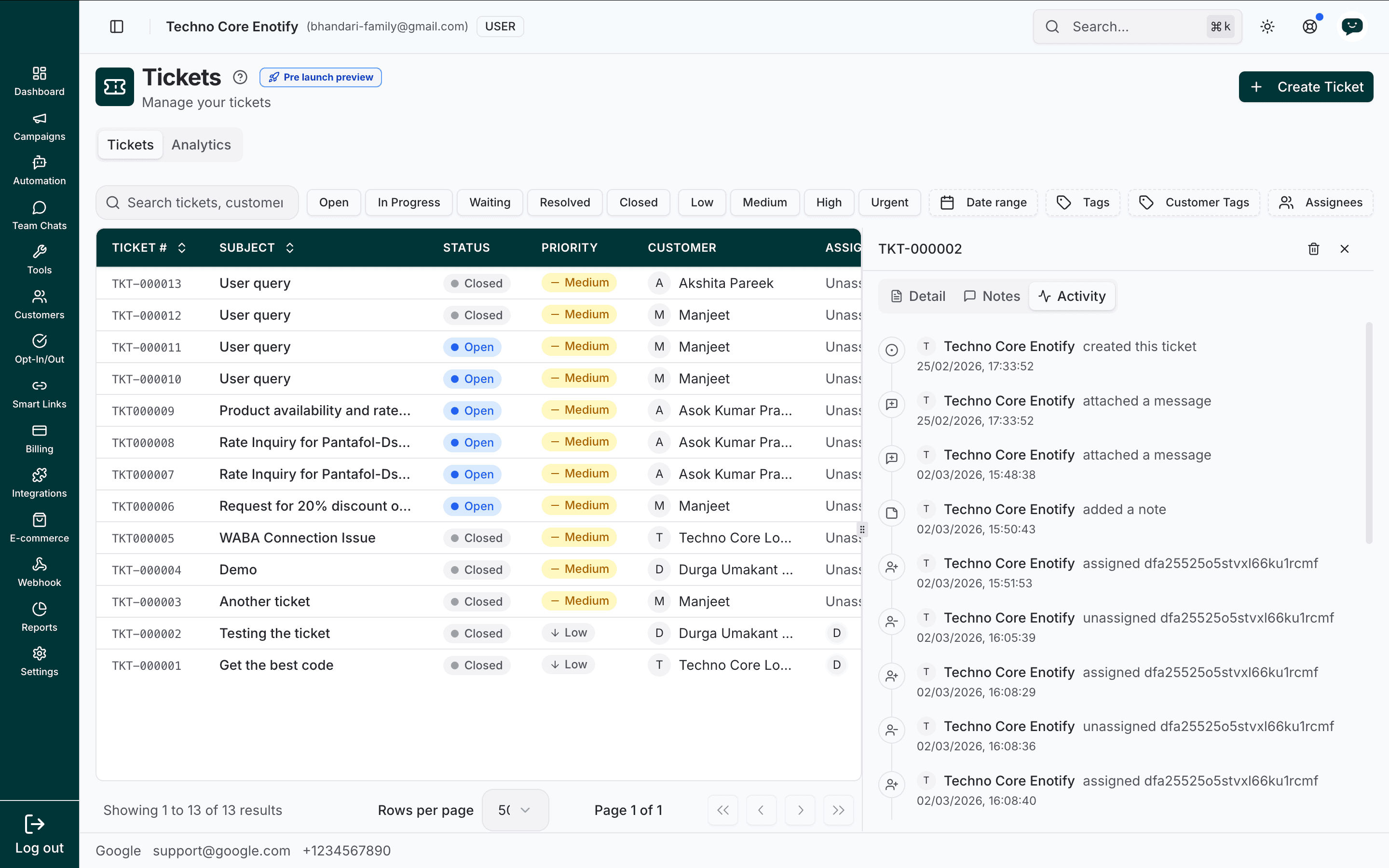 Ticket Activity tab showing a timeline of status changes, assignments, and notes
