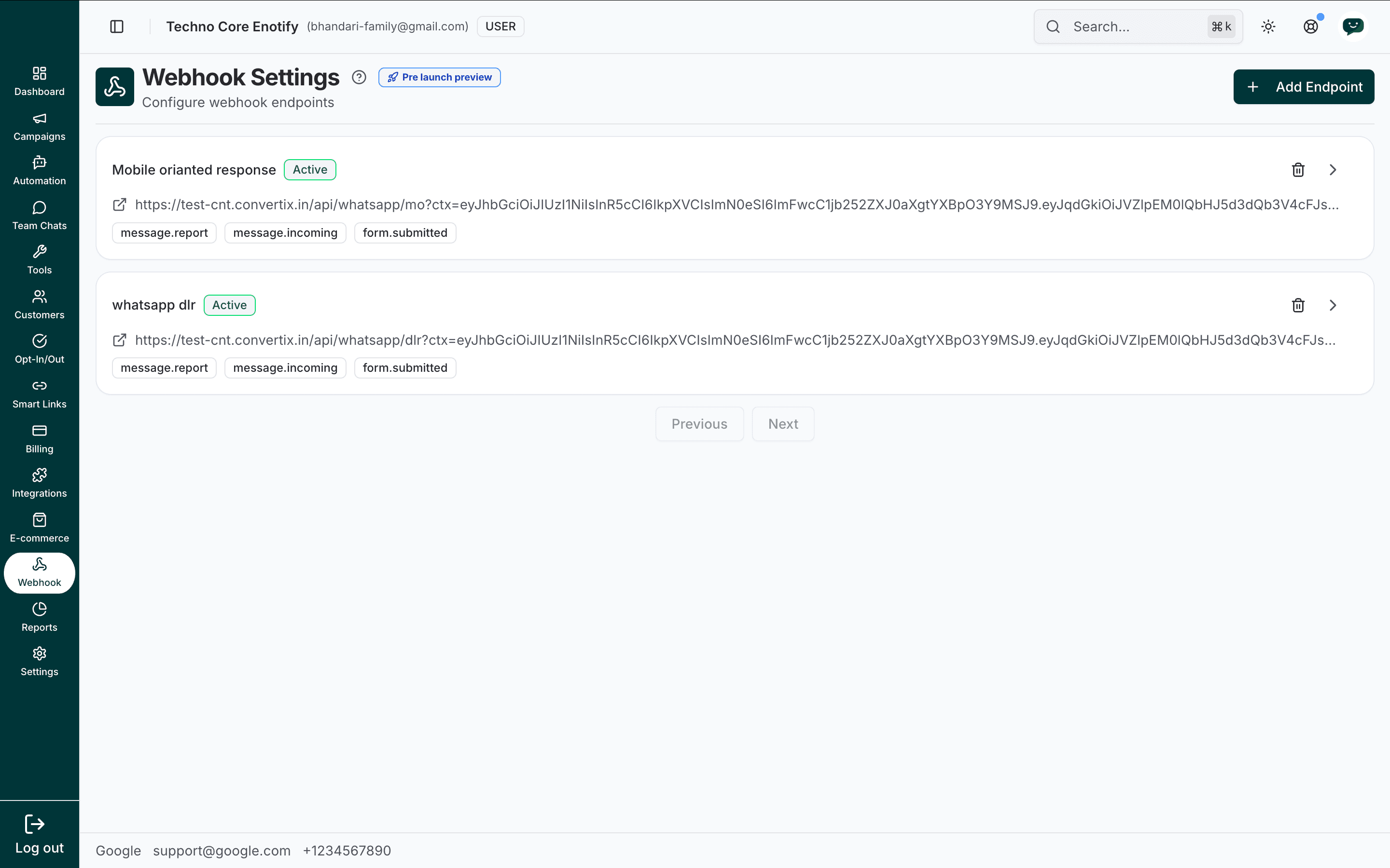 Webhook Settings page listing webhook endpoints with their URL, status, and event type tags