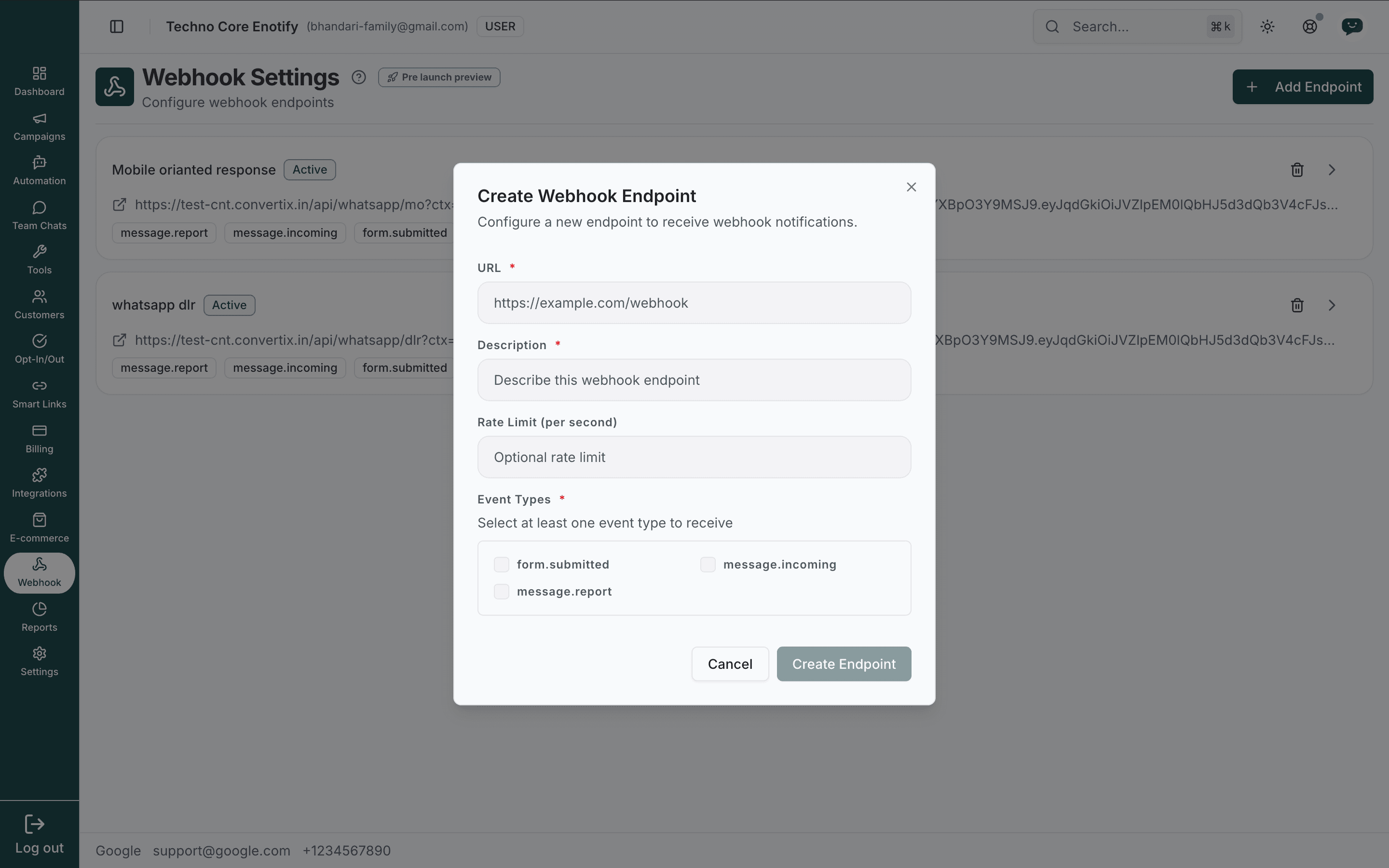 Create Webhook Endpoint dialog with URL, description, rate limit, and event type fields