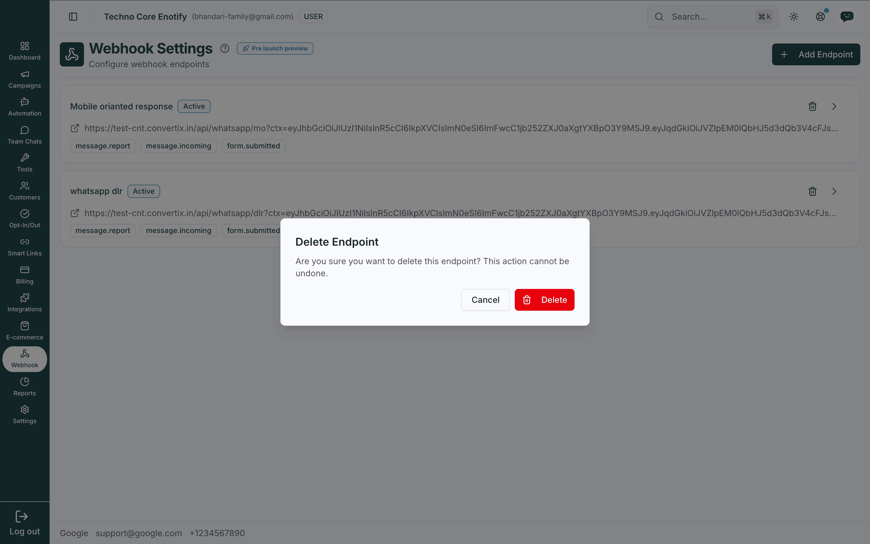 Delete Endpoint confirmation dialog warning the action cannot be undone