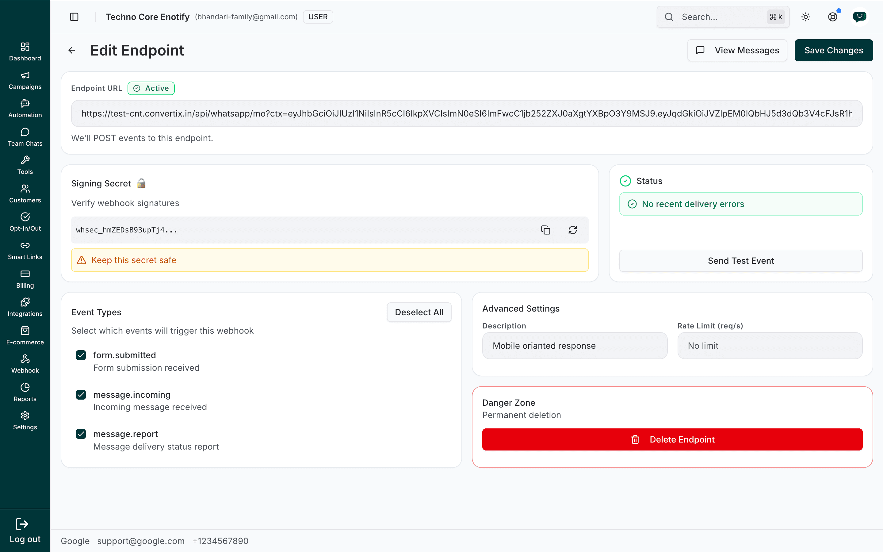 Edit Endpoint screen showing endpoint URL, signing secret, status, event types, advanced settings, and danger zone