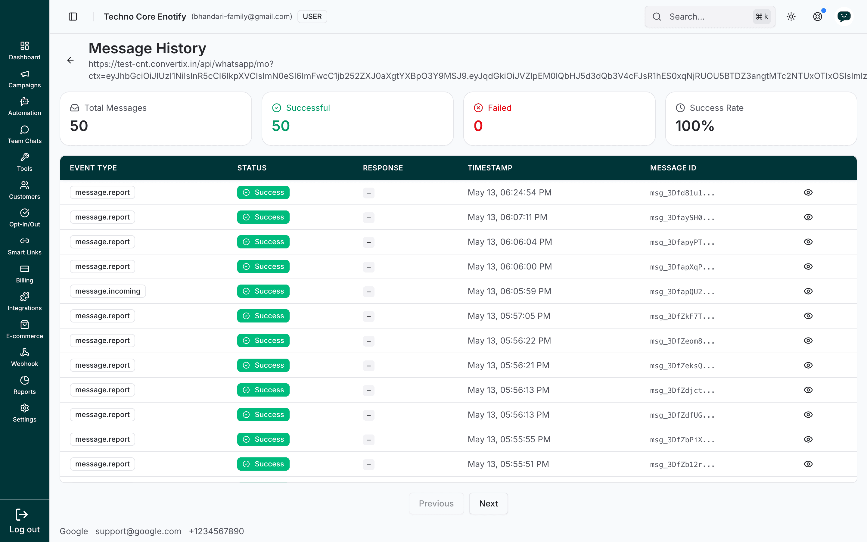 Message History screen with delivery stats and a table of events, statuses, and message IDs
