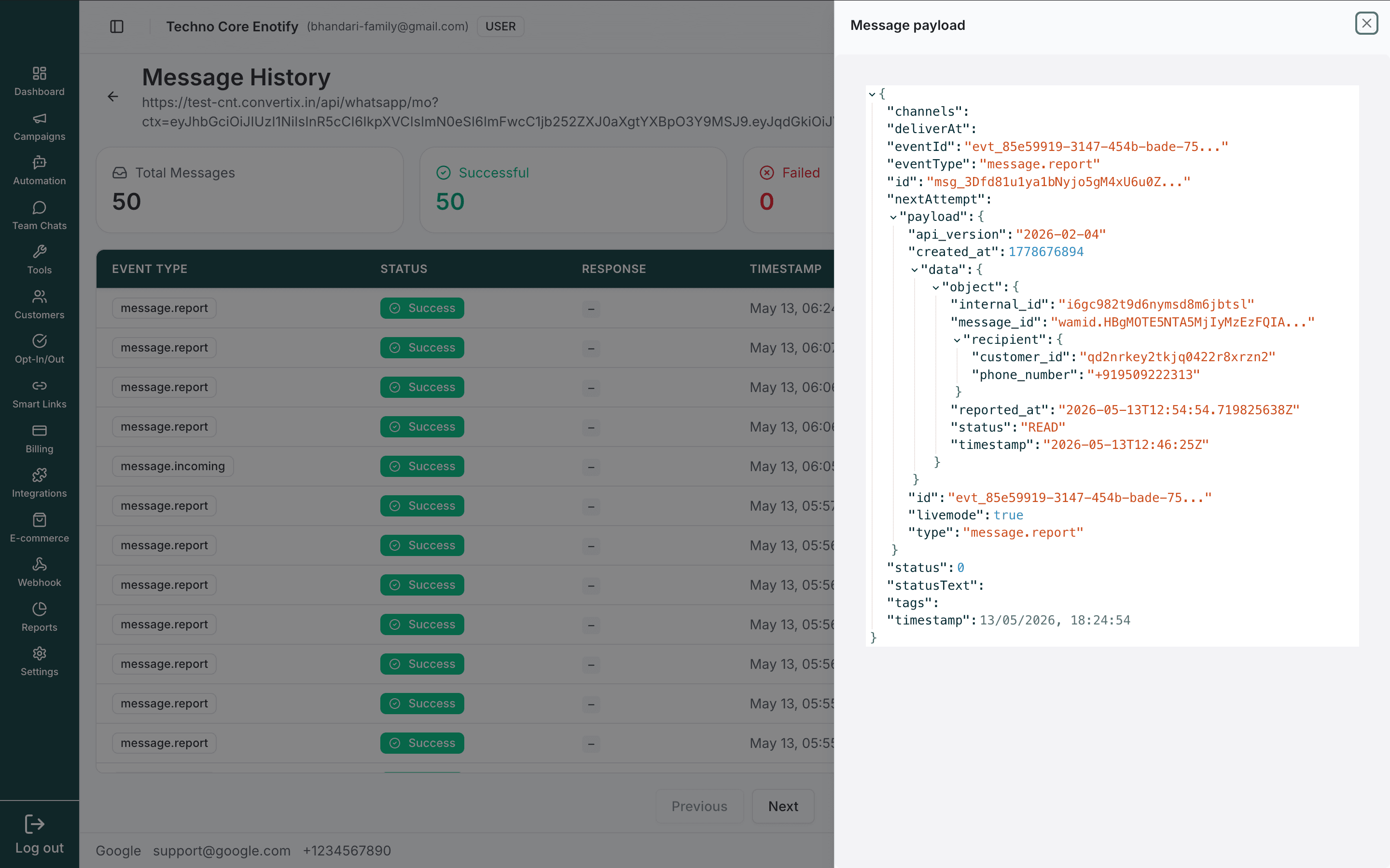 Message payload panel showing the full JSON delivered for a message.report event